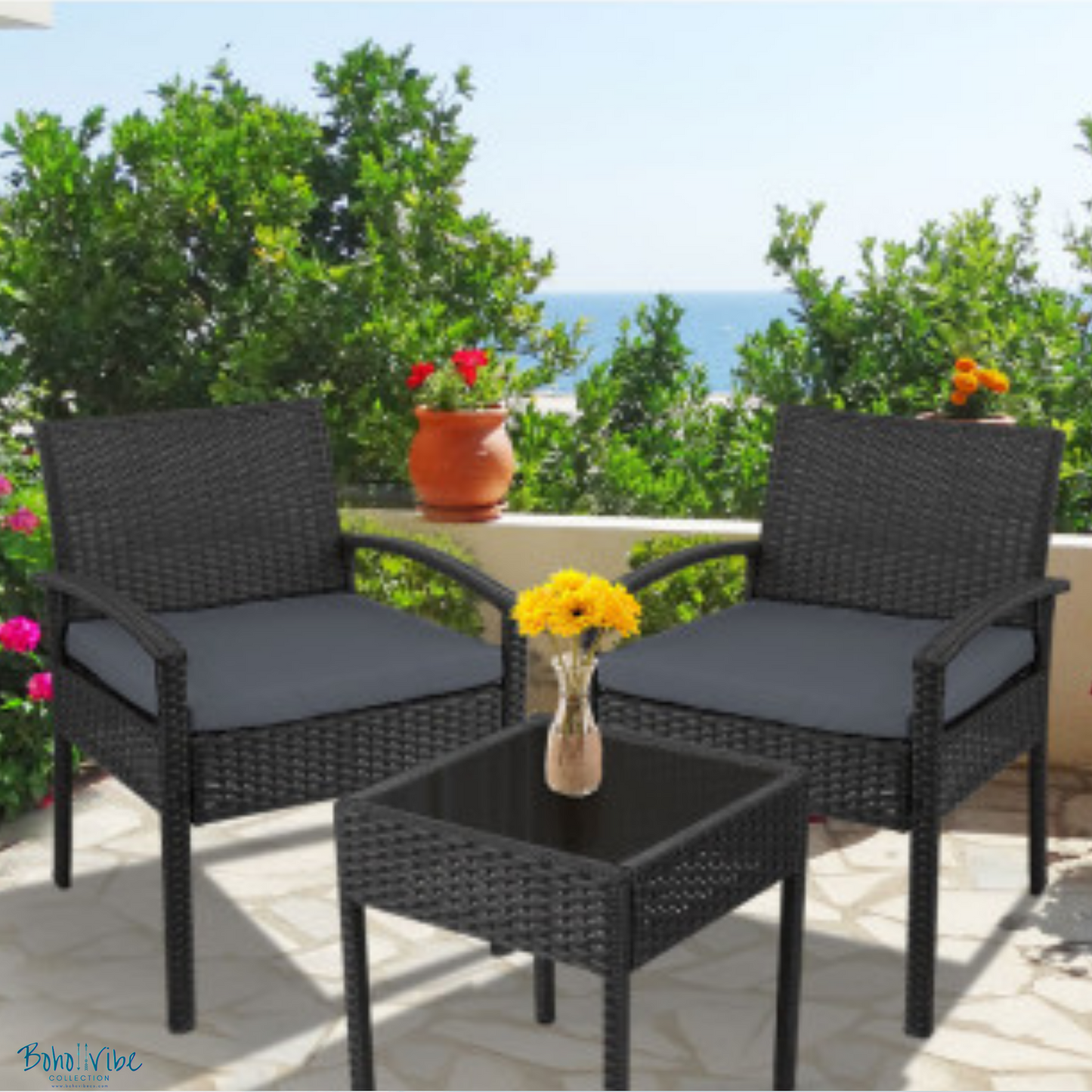 Boho ↡↟ Vibe Collection ↠ Black Wicker Coastal 3 Piece Outdoor Setting Boho Chairs & Table Furniture Set