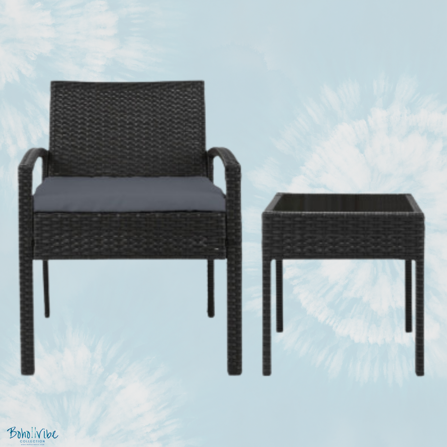 Boho ↡↟ Vibe Collection ↠ Black Wicker Coastal 3 Piece Outdoor Setting Boho Chairs & Table Furniture Set