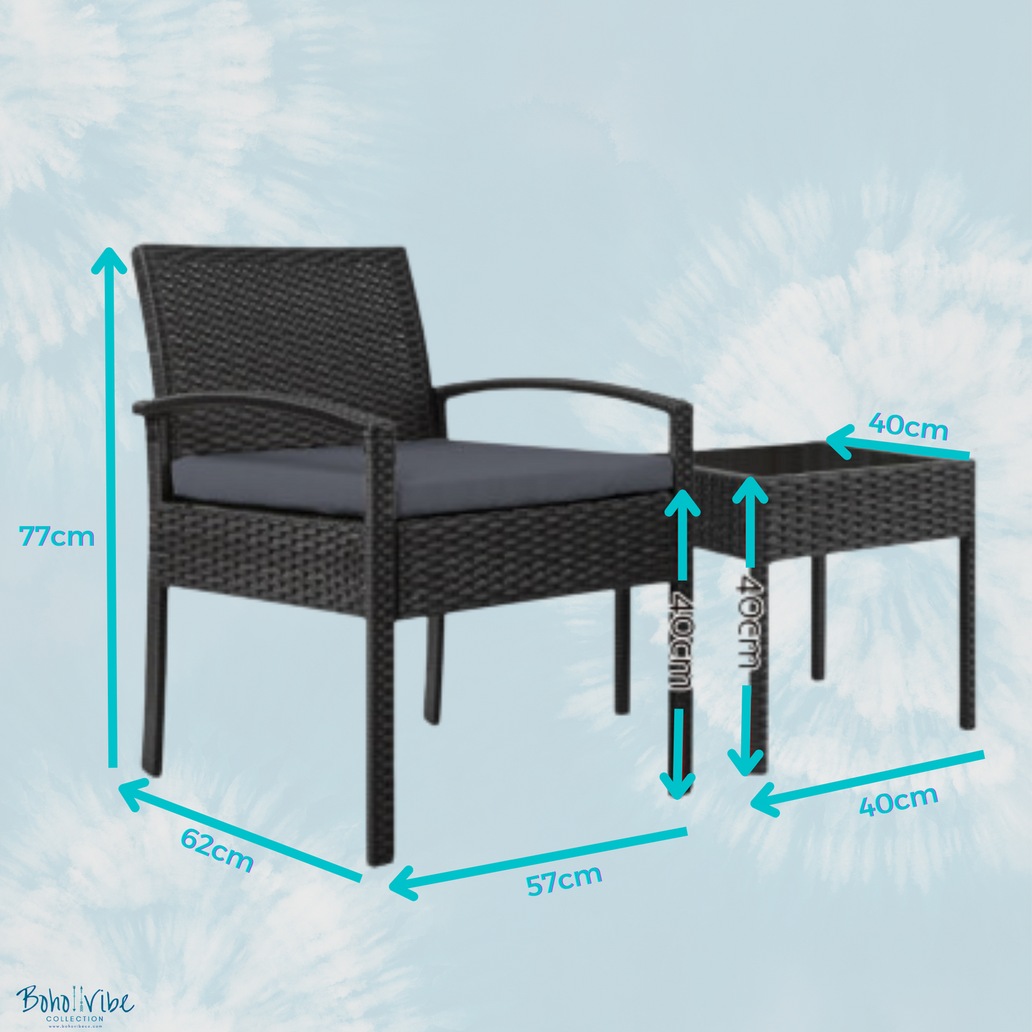 Boho ↡↟ Vibe Collection ↠ Black Wicker Coastal 3 Piece Outdoor Setting Boho Chairs & Table Furniture Set