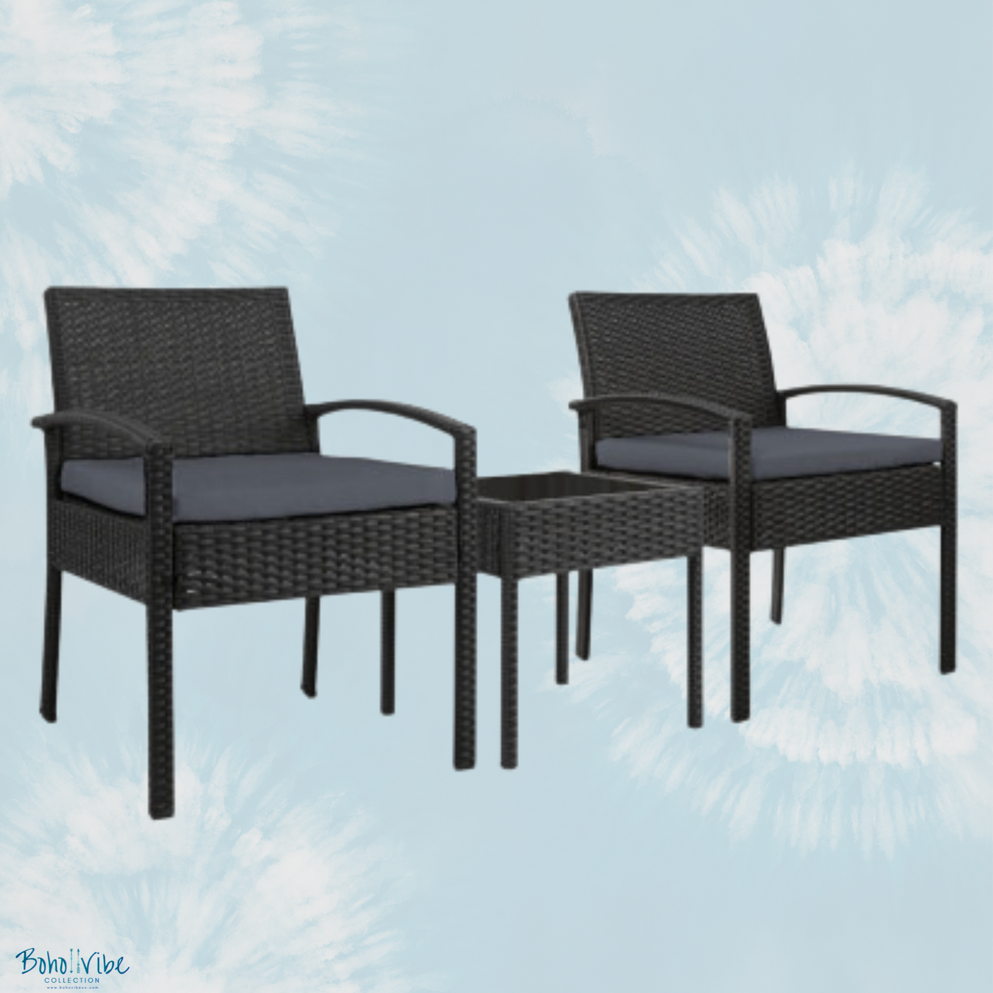 Boho ↡↟ Vibe Collection ↠ Black Wicker Coastal 3 Piece Outdoor Setting Boho Chairs & Table Furniture Set