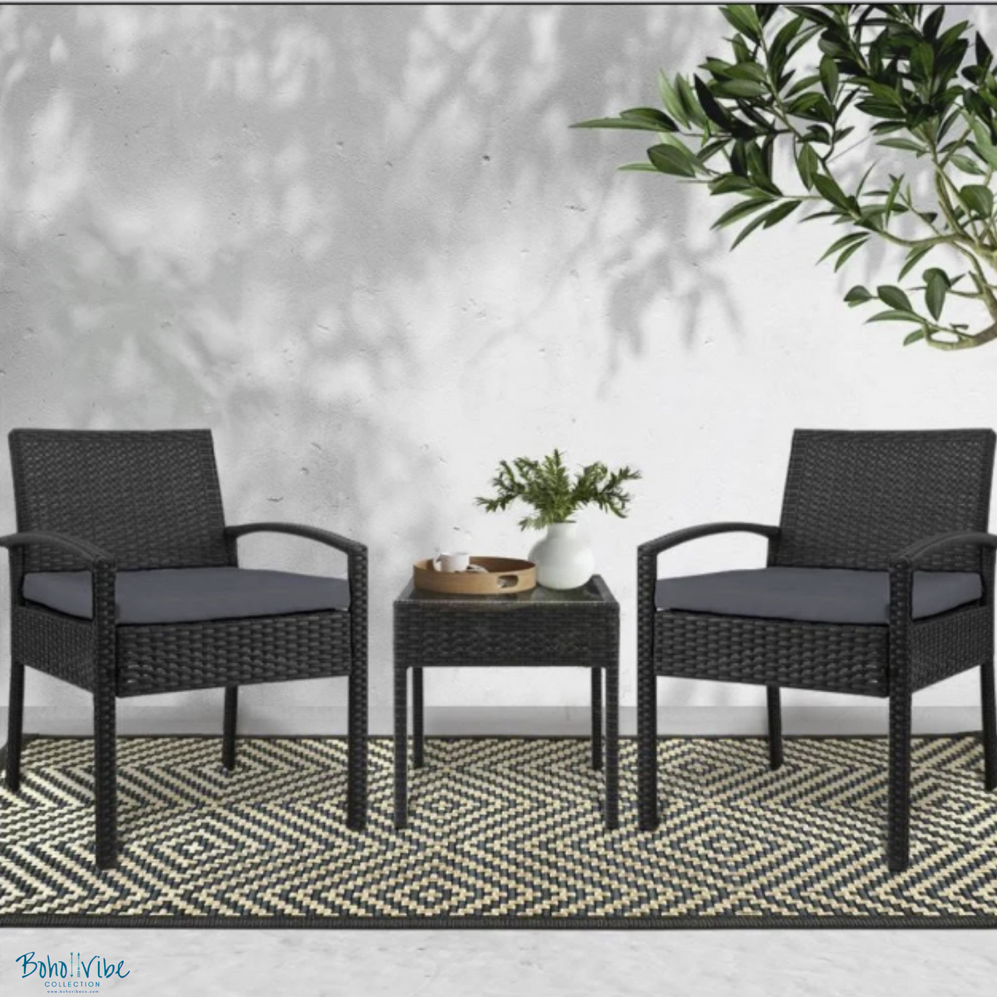 Boho ↡↟ Vibe Collection ↠ Black Wicker Coastal 3 Piece Outdoor Setting Boho Chairs & Table Furniture Set