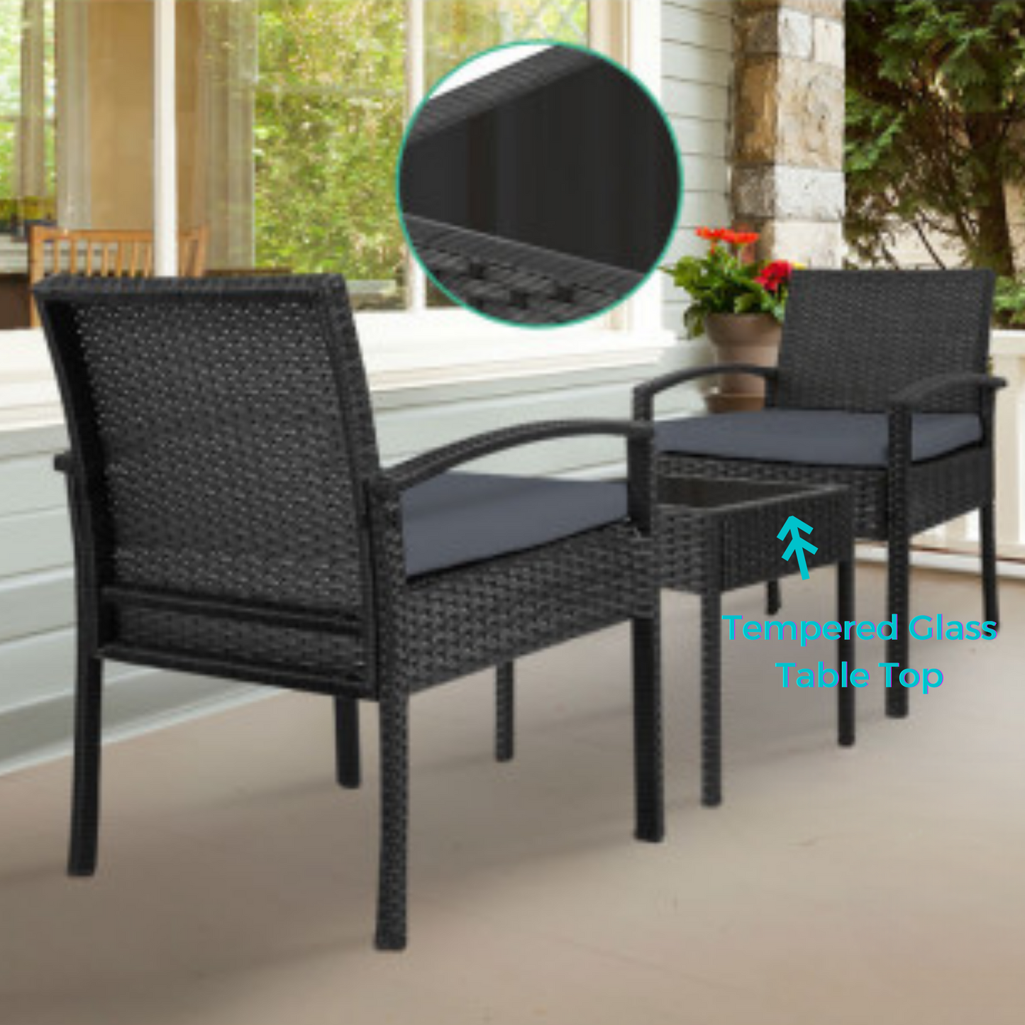 Boho ↡↟ Vibe Collection ↠ Black Wicker Coastal 3 Piece Outdoor Setting Boho Chairs & Table Furniture Set
