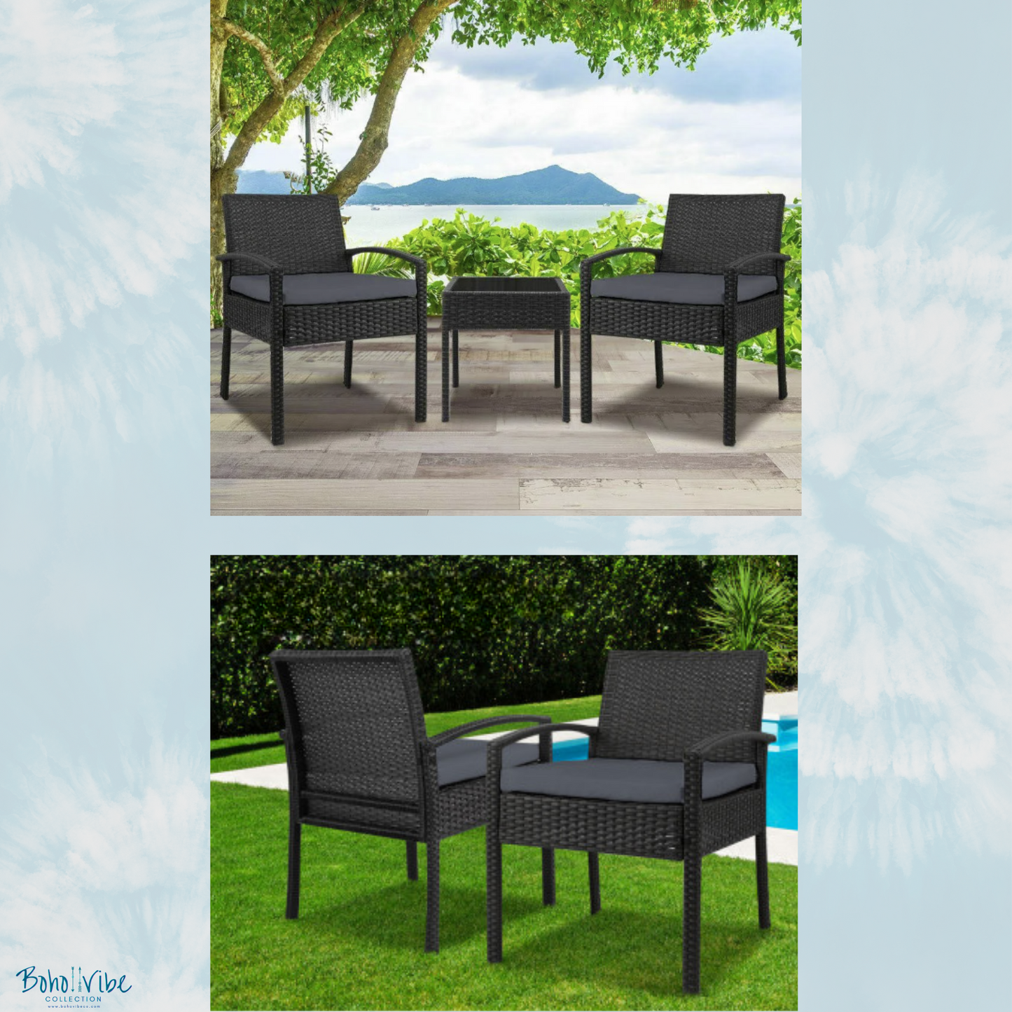 Boho ↡↟ Vibe Collection ↠ Black Wicker Coastal 3 Piece Outdoor Setting Boho Chairs & Table Furniture Set