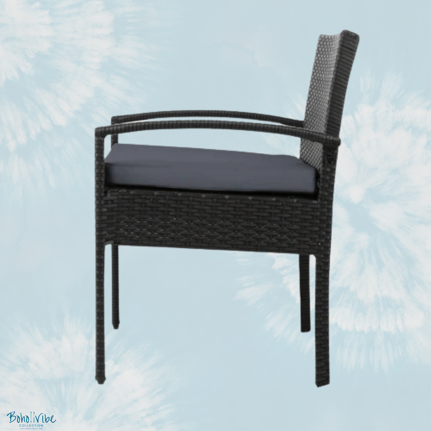 Boho ↡↟ Vibe Collection ↠ Black Wicker Coastal 3 Piece Outdoor Setting Boho Chairs & Table Furniture Set