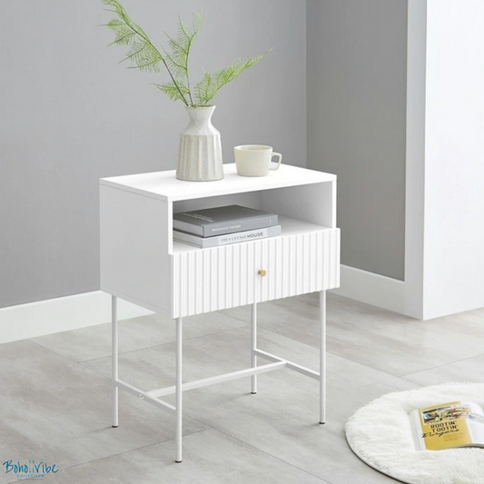   Boho ↡↟ Vibe Collection ↠ Chic Coastal Fluted Nightstand, White Finish, Gold Touches 1 Drawer ↡