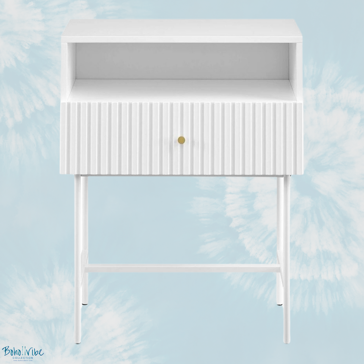   Boho ↡↟ Vibe Collection ↠ Chic Coastal Fluted Nightstand, White Finish, Gold Touches 1 Drawer ↡