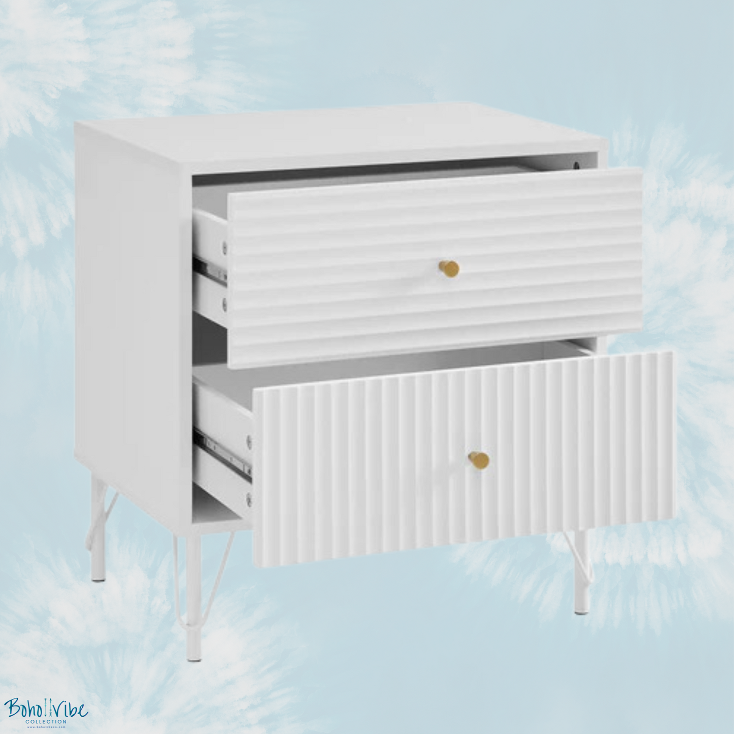 Chic Coastal Fluted Nightstand, White Finish, Gold Touches 2 Drawers ↡