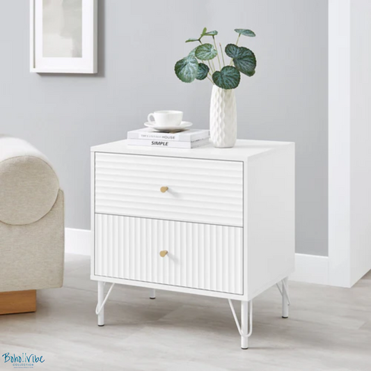 Boho ↡↟ Vibe Collection ↠ Chic Coastal Fluted Nightstand, White Finish, Gold Touches 2 Drawers ↡