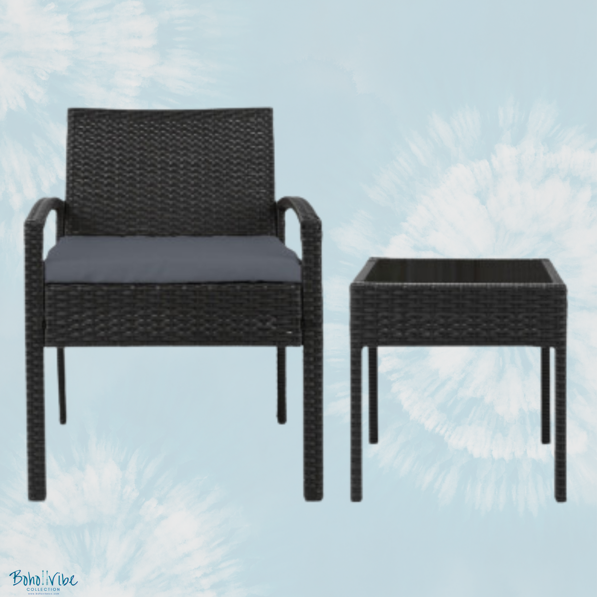 Boho ↡↟ Vibe Collection ↠ Black Wicker Coastal 3 Piece Outdoor Setting Boho Chairs & Table Furniture Set 