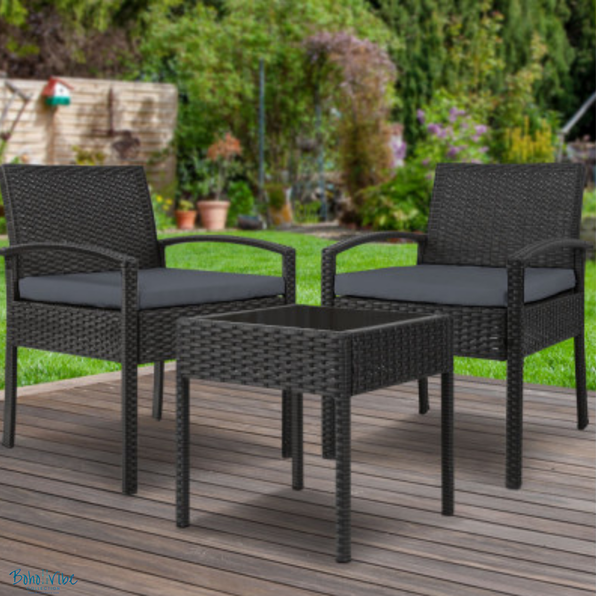 Boho ↡↟ Vibe Collection ↠ Black Wicker Coastal 3 Piece Outdoor Setting Boho Chairs & Table Furniture Set 