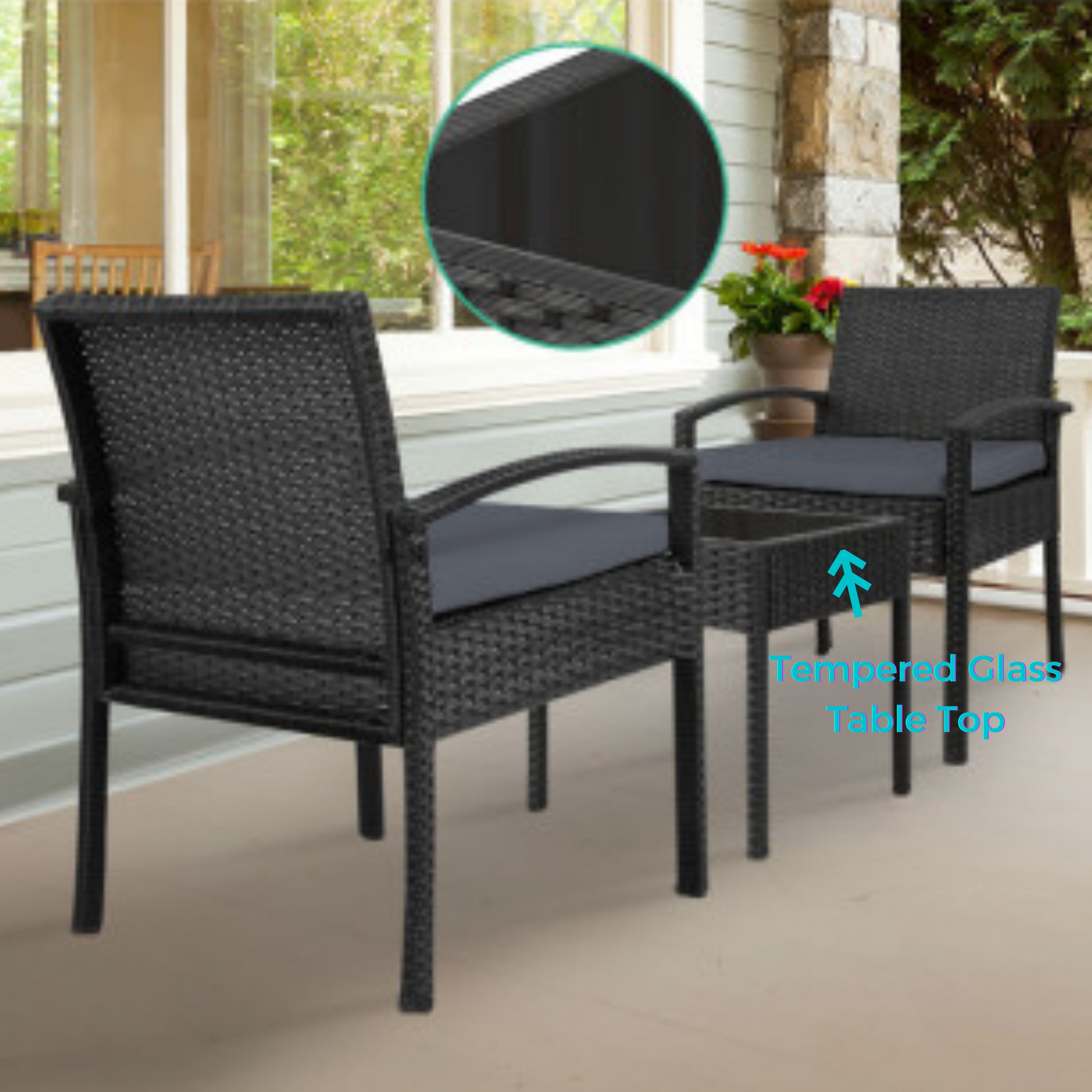 Boho ↡↟ Vibe Collection ↠ Black Wicker Coastal 3 Piece Outdoor Setting Boho Chairs & Table Furniture Set 