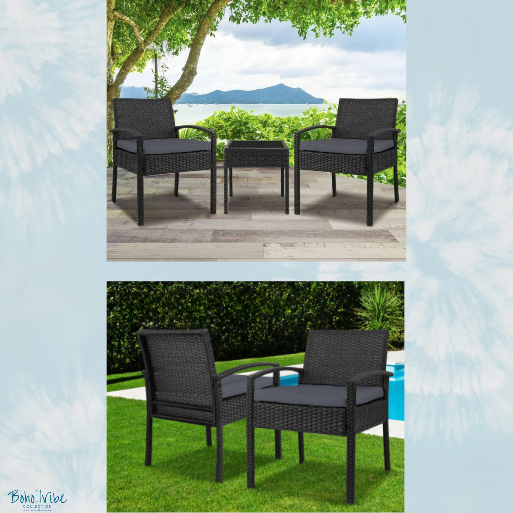 Boho ↡↟ Vibe Collection ↠ Black Wicker Coastal 3 Piece Outdoor Setting Boho Chairs & Table Furniture Set 