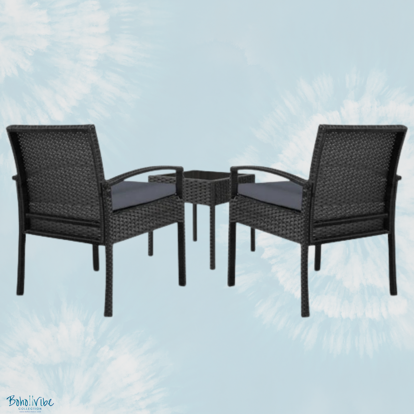 Black Wicker Coastal 3 Piece Outdoor Setting Boho Chairs & Table Furniture Set ↡