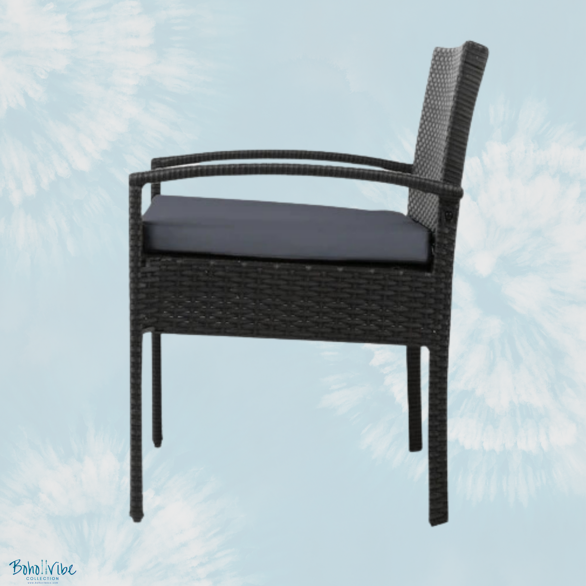 Boho ↡↟ Vibe Collection ↠ Black Wicker Coastal 3 Piece Outdoor Setting Boho Chairs & Table Furniture Set 