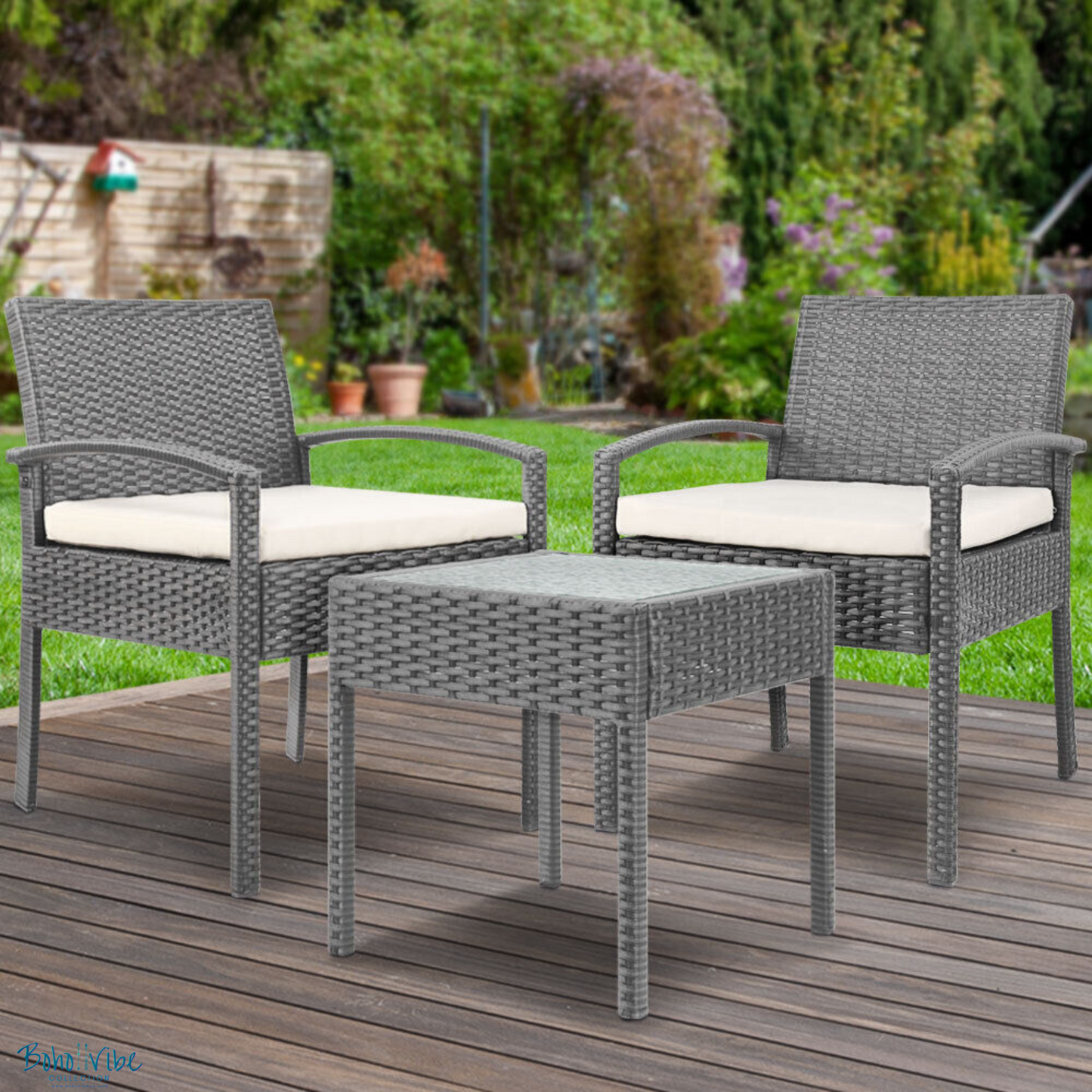 Boho ↡↟ Vibe Collection ↠ Grey Wicker Coastal 3 Piece Outdoor Setting Boho Chairs & Table Furniture Set