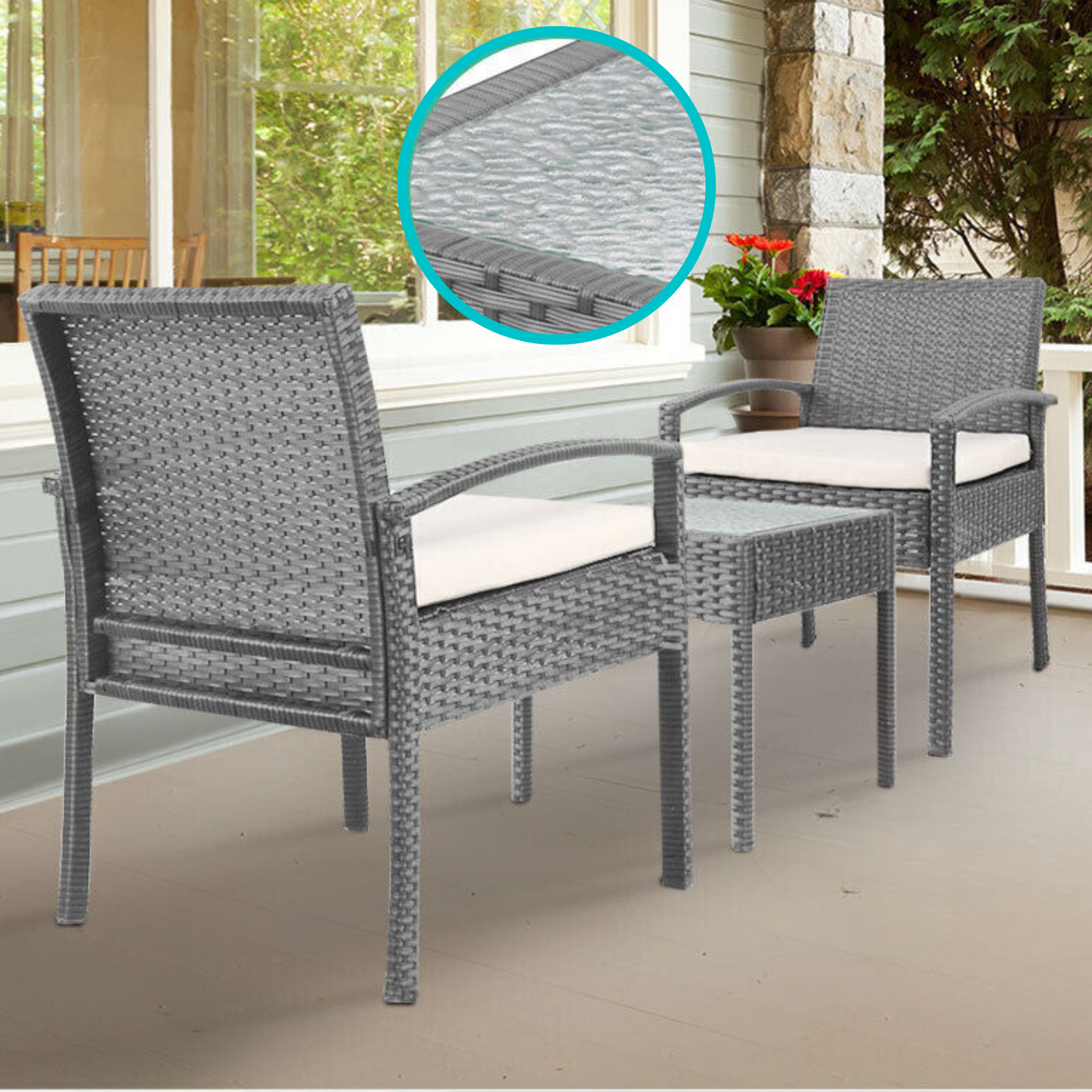 Boho ↡↟ Vibe Collection ↠ Grey Wicker Coastal 3 Piece Outdoor Setting Boho Chairs & Table Furniture Set