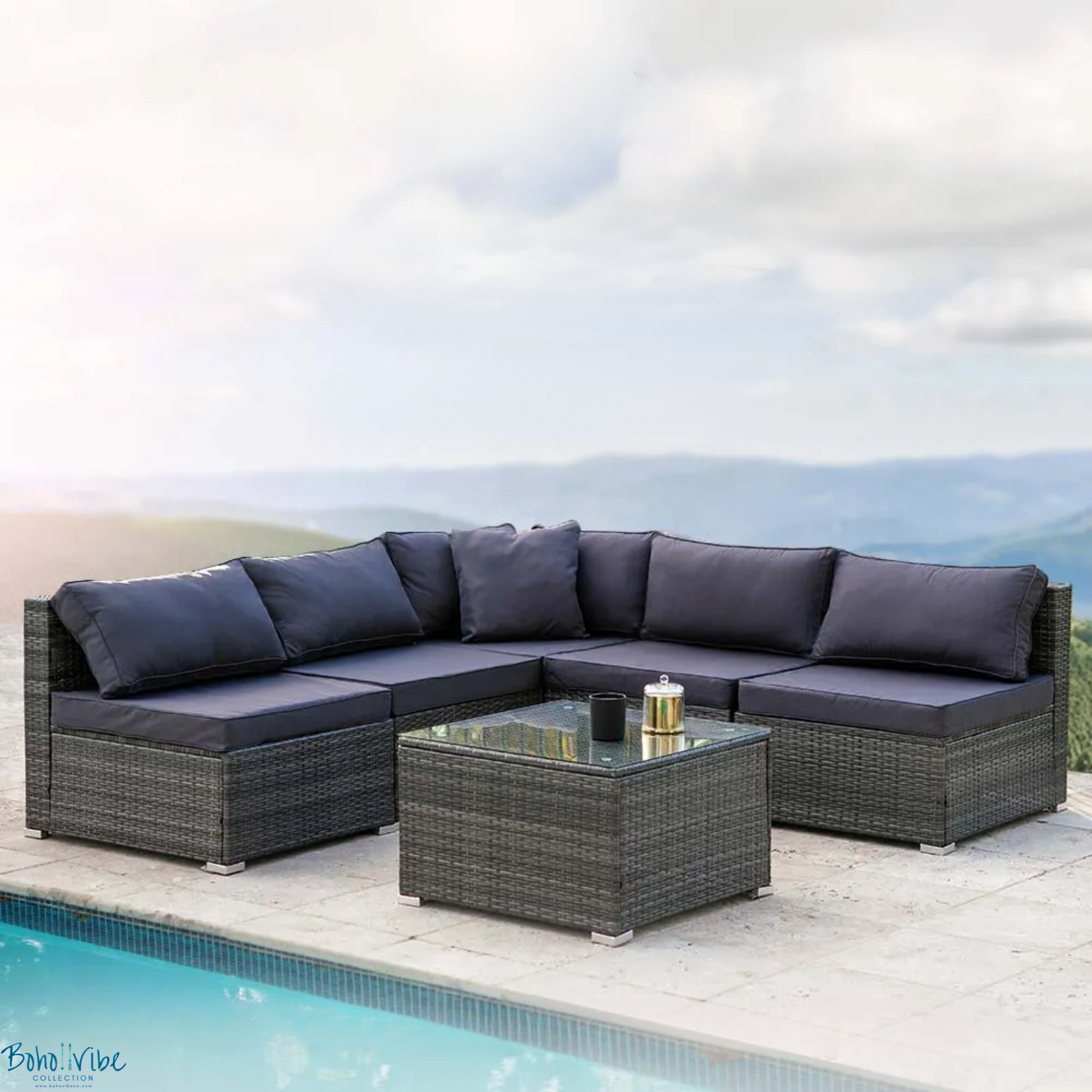 Boho ↡↟ Vibe Collection ↠ Wicker Outdoor 5 Seater Modular Lounge & Coffee Table Setting 