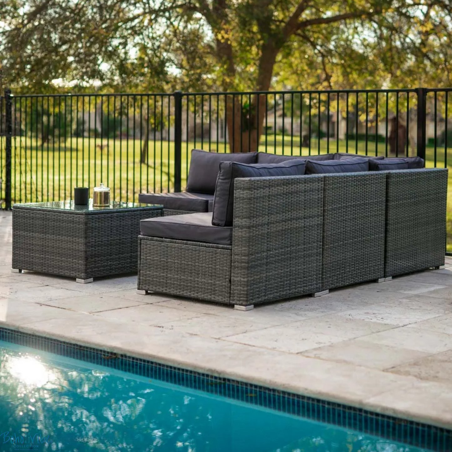 Boho ↡↟ Vibe Collection ↠ Wicker Outdoor 5 Seater Modular Lounge & Coffee Table Setting 