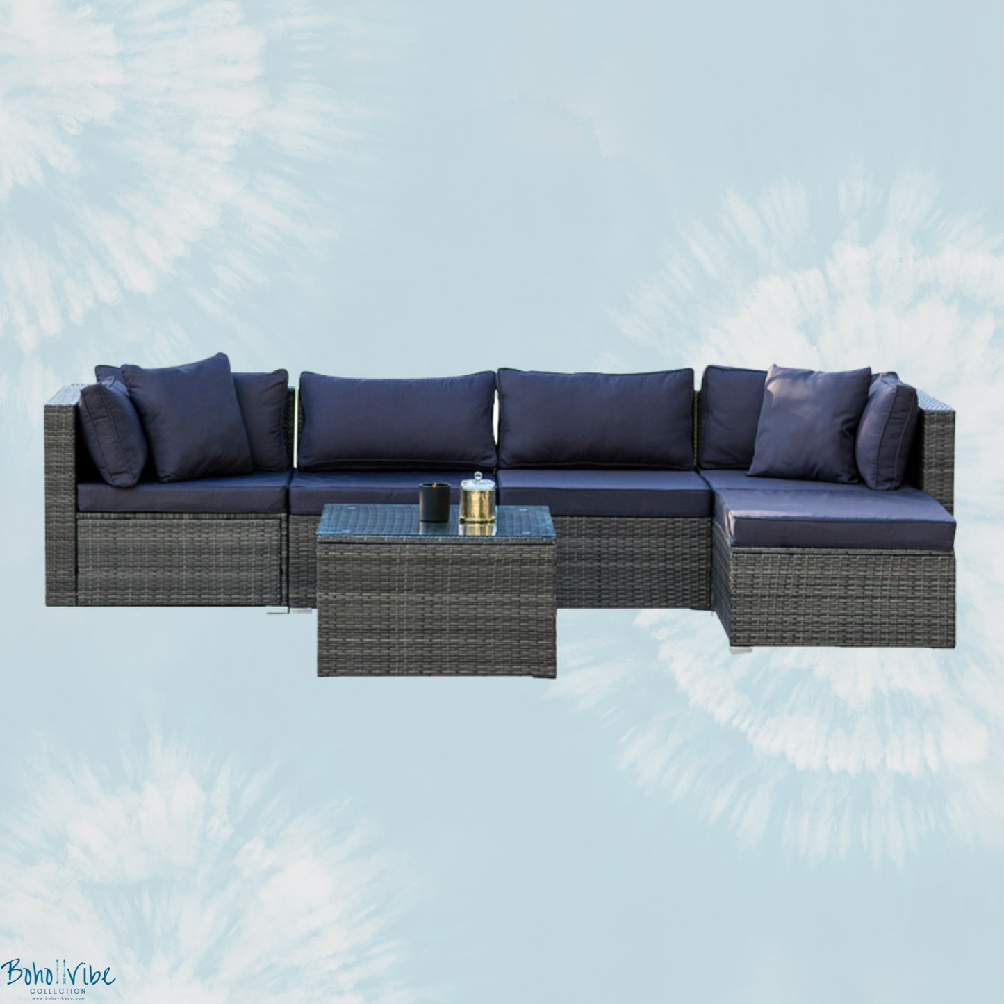 Boho ↡↟ Vibe Collection ↠ Wicker Outdoor 5 Seater Modular Lounge, Ottoman & Coffee Table Setting 