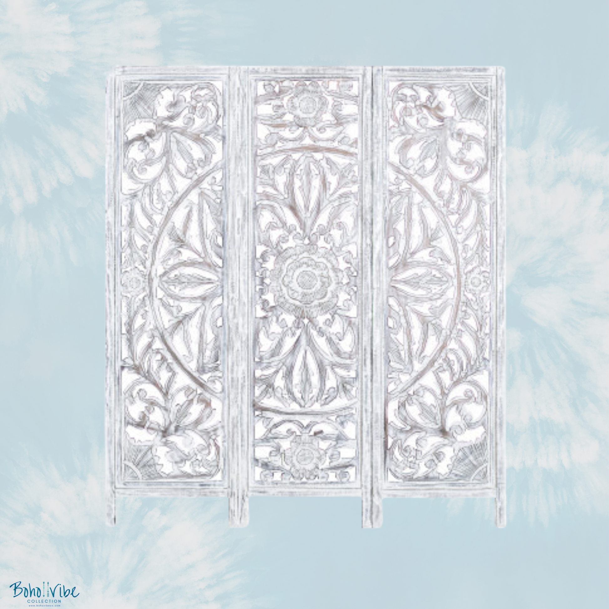 Boho ↡↟ Vibe Collection ↠ Balinese Style Room Divider Bohemian Privacy Screen Whitewashed Solid Wood