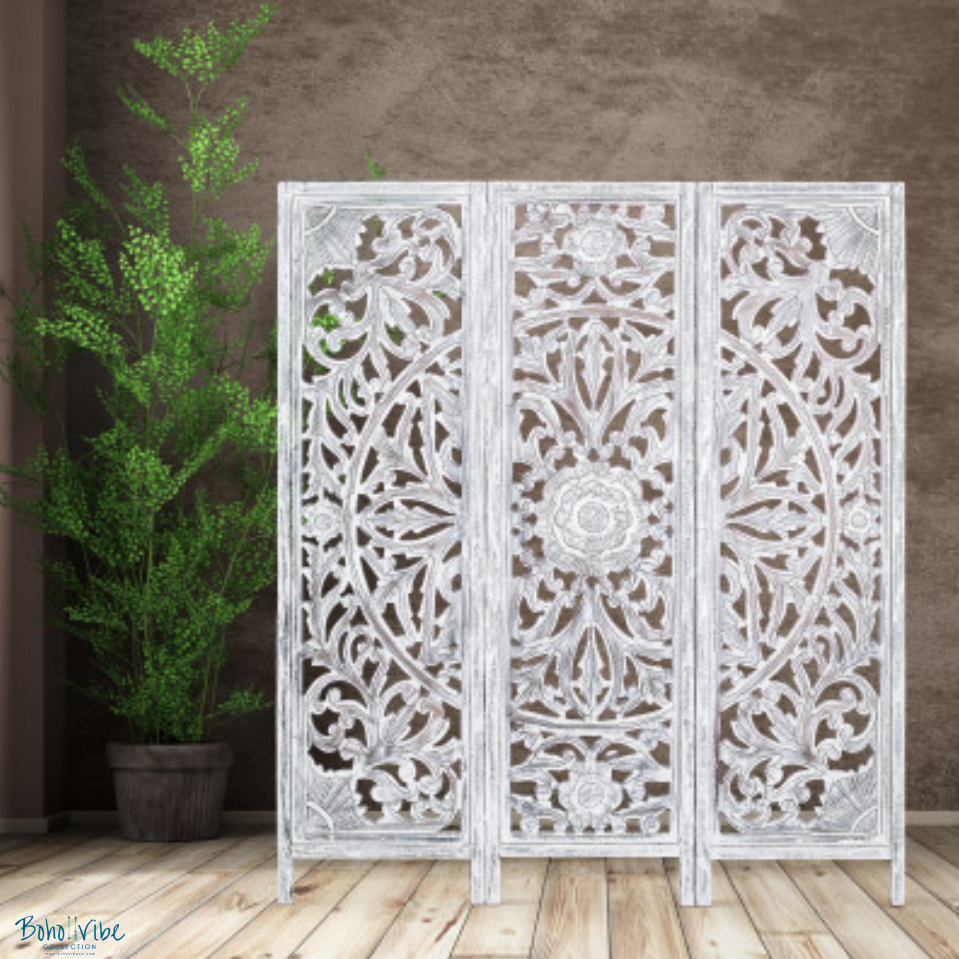 Boho ↡↟ Vibe Collection ↠ Balinese Style Room Divider Bohemian Privacy Screen Whitewashed Solid Wood
