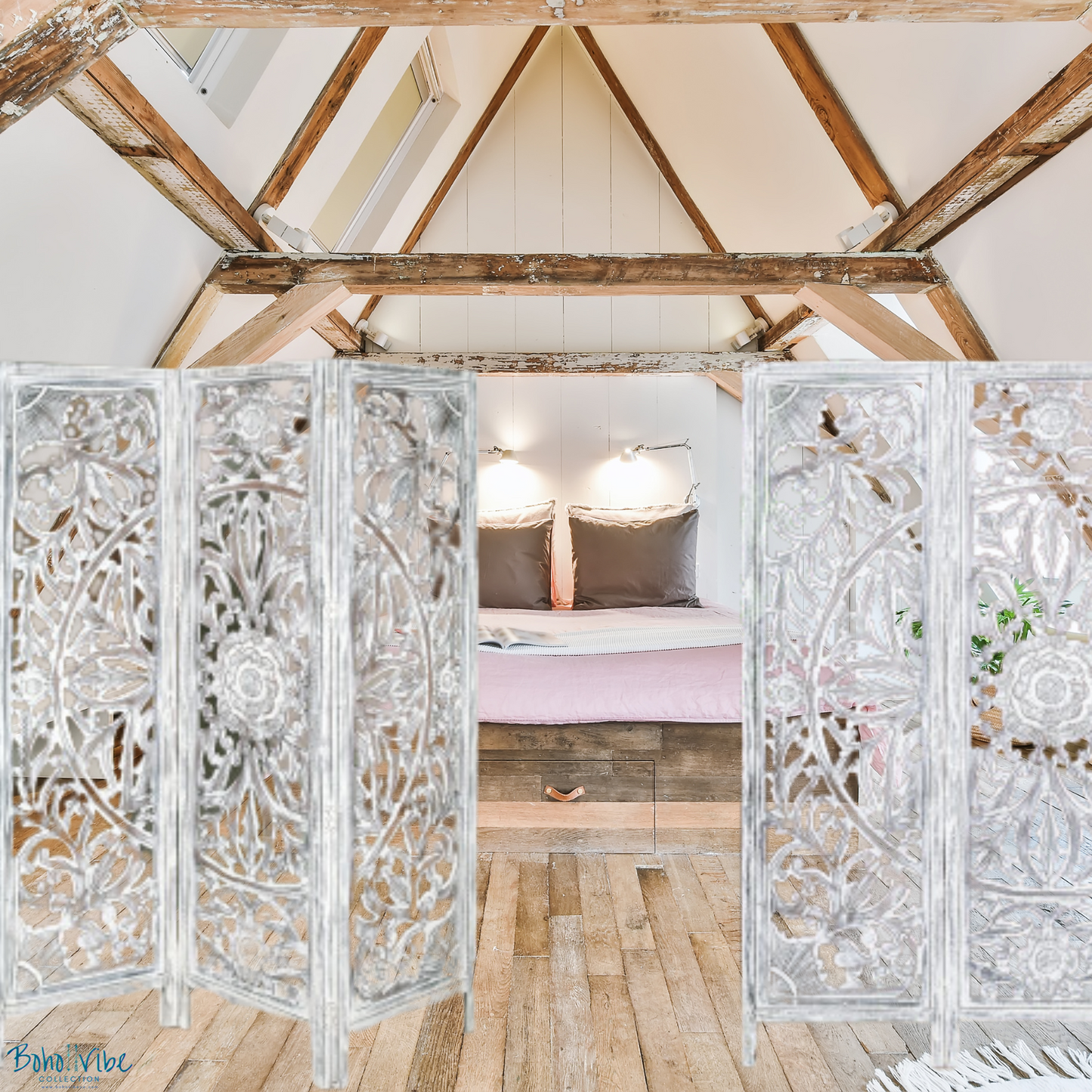 Boho ↡↟ Vibe Collection ↠ Balinese Style Room Divider Bohemian Privacy Screen Whitewashed Solid Wood
