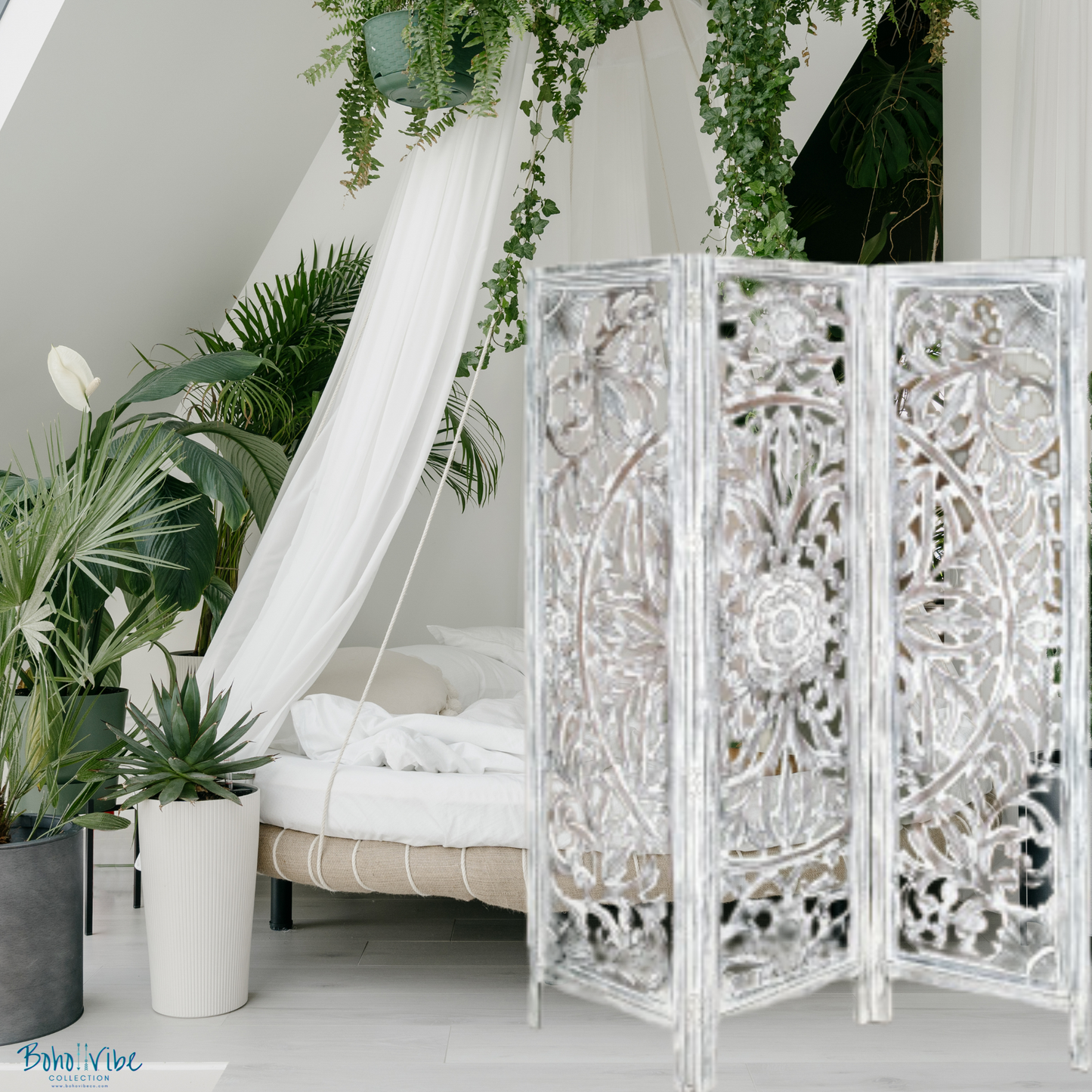 Boho ↡↟ Vibe Collection ↠ Balinese Style Room Divider Bohemian Privacy Screen Whitewashed Solid Wood