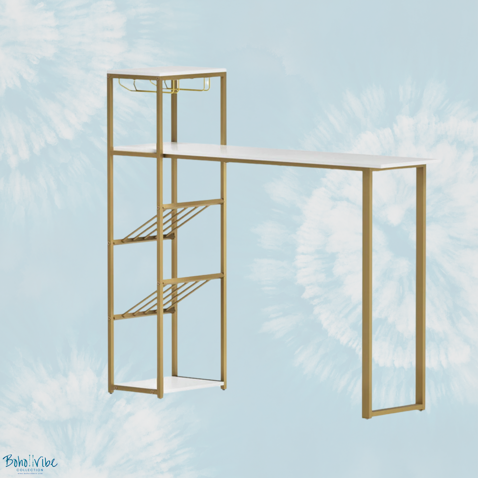 Boho ↡↟ Vibe Collection ↠ Gold Bar Wine Rack Table - Entertainment and Office Desk Storage Solution ↡