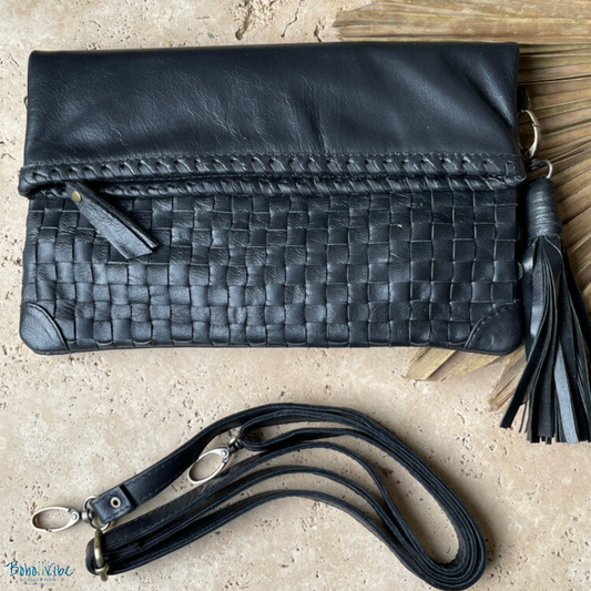 Boho ↡↟ Vibe Collection ↠ Balinese Handcrafted Leather Crossbody Black Handbag