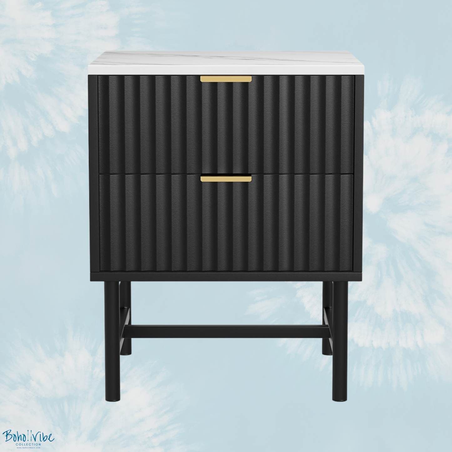 Boho ↡↟ Vibe Collection ↠ Black Fluted Bedside Table 2 Drawers with Marble Look Table Top ↡