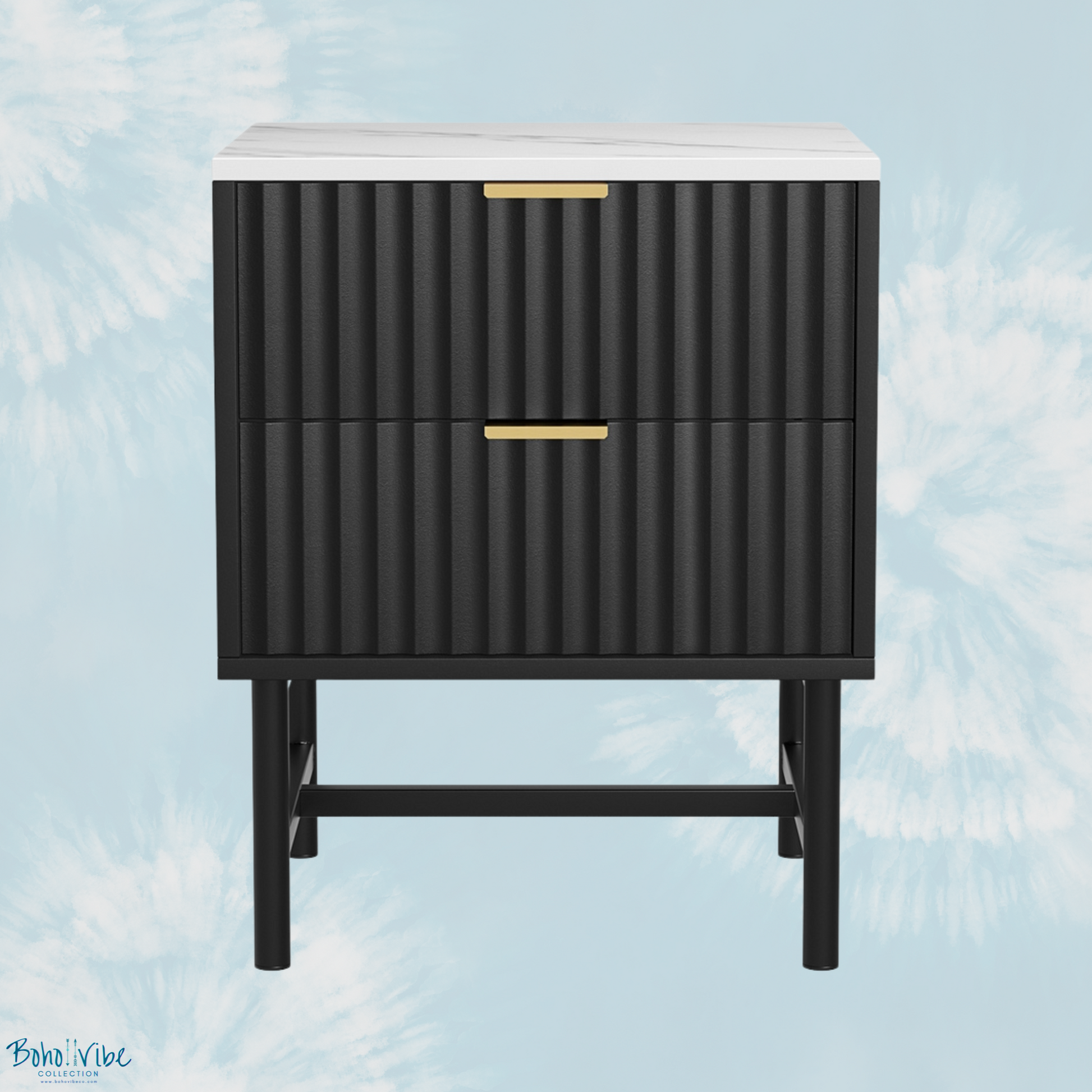 Boho ↡↟ Vibe Collection ↠ Black Fluted Bedside Table 2 Drawers with Marble Look Table Top ↡
