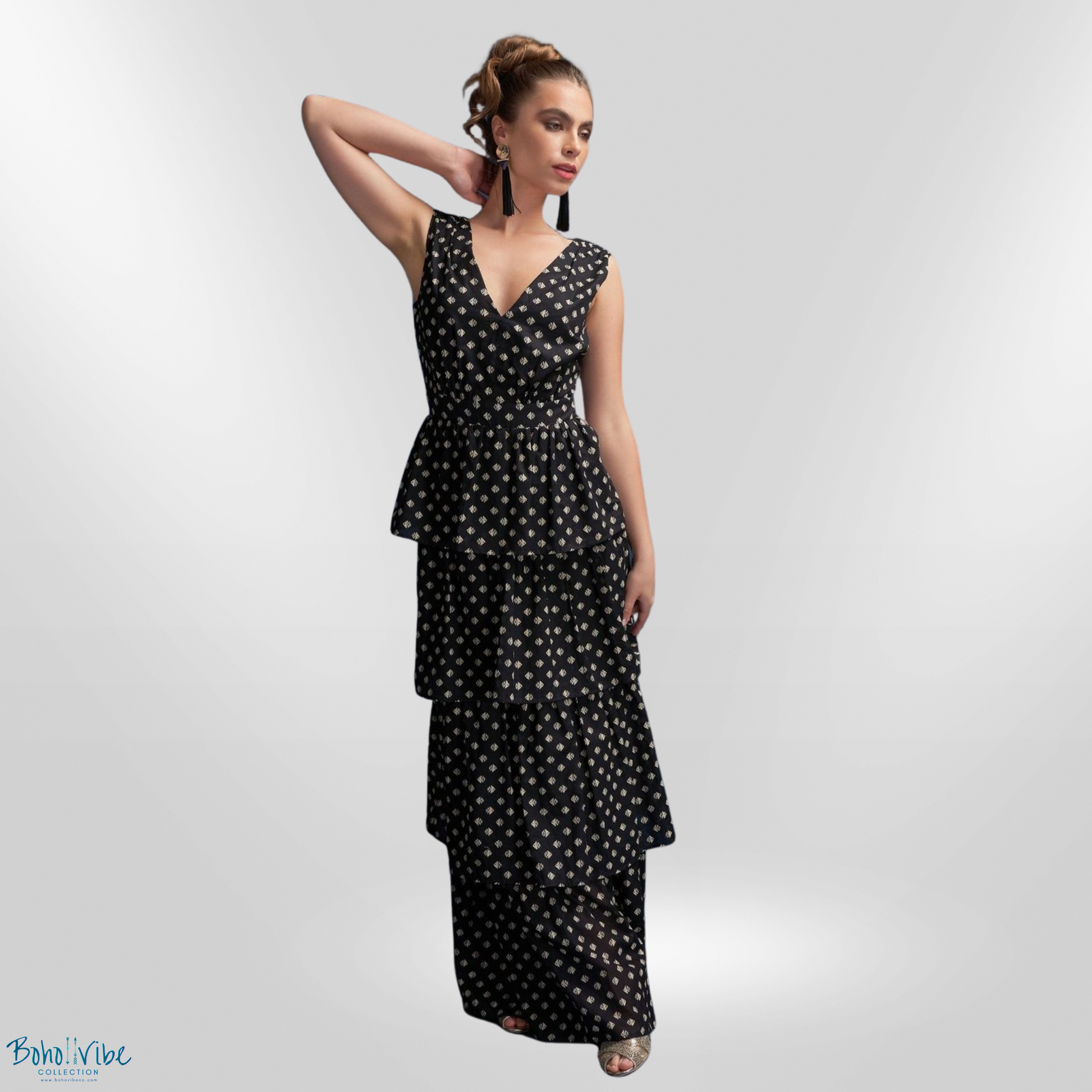 Boho ↡↟ Vibe Collection ↠ Kissing Kate Multi-Tier Maxi Dress 