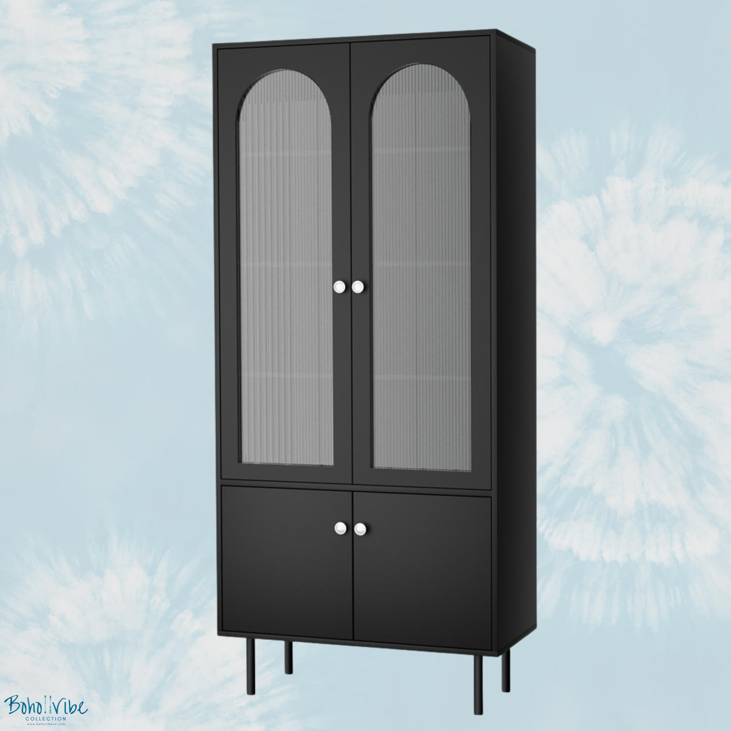 Boho ↡↟ Vibe Collection ↠ Black Tall Buffet Sideboard with Fluted Panel Doors ↡