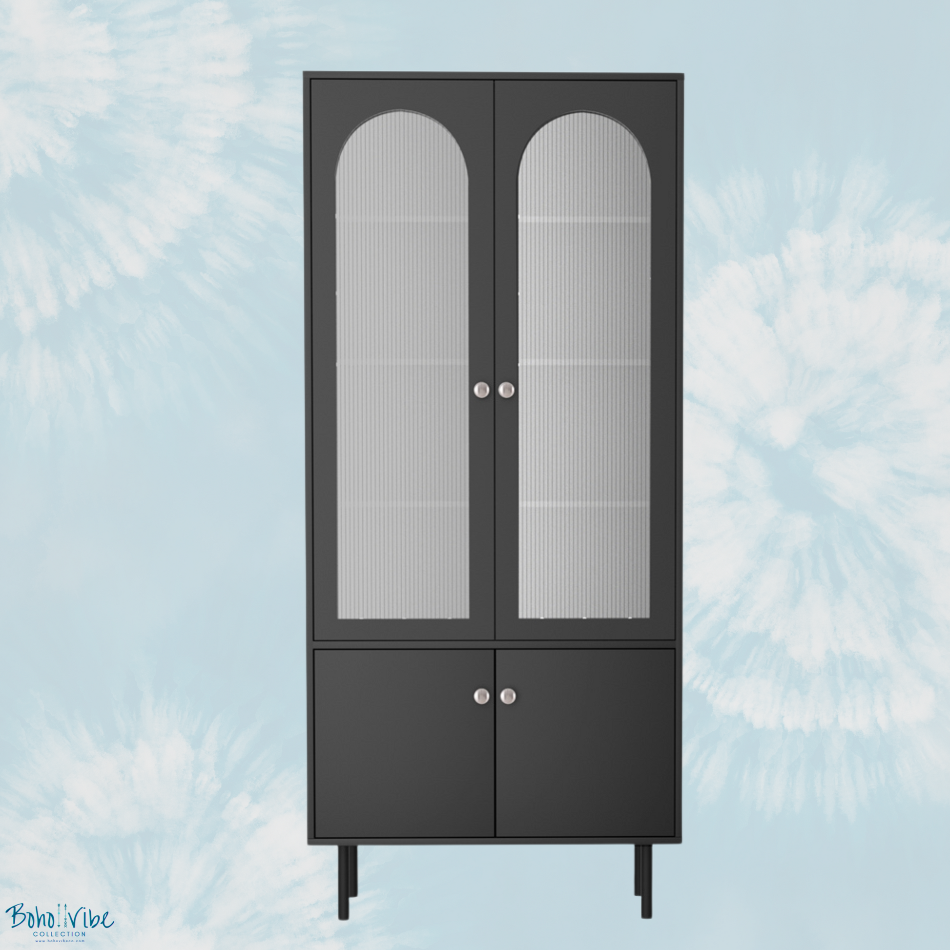 Boho ↡↟ Vibe Collection ↠ Black Tall Buffet Sideboard with Fluted Panel Doors ↡
