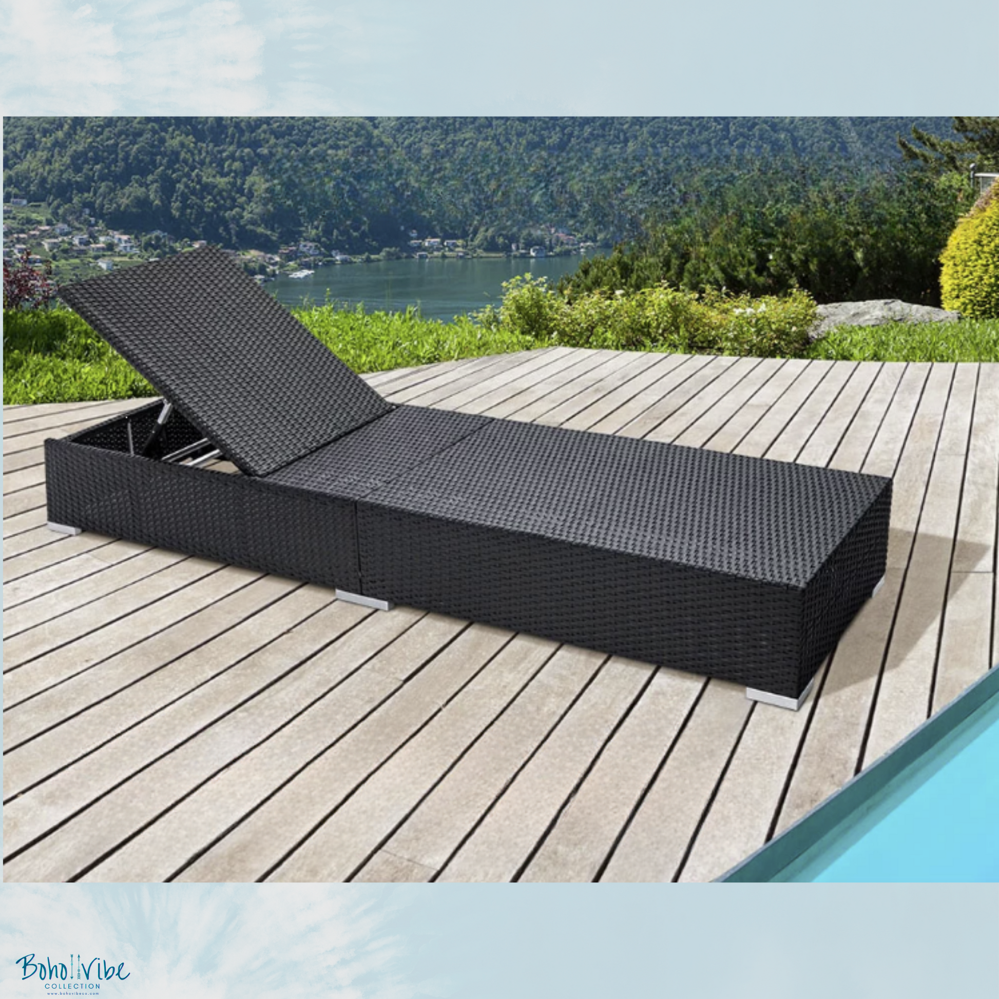 Boho ↡↟ Vibe Collection ↠ Black Wicker Outdoor Sun Lounge Set Boho Pool Day Beds 