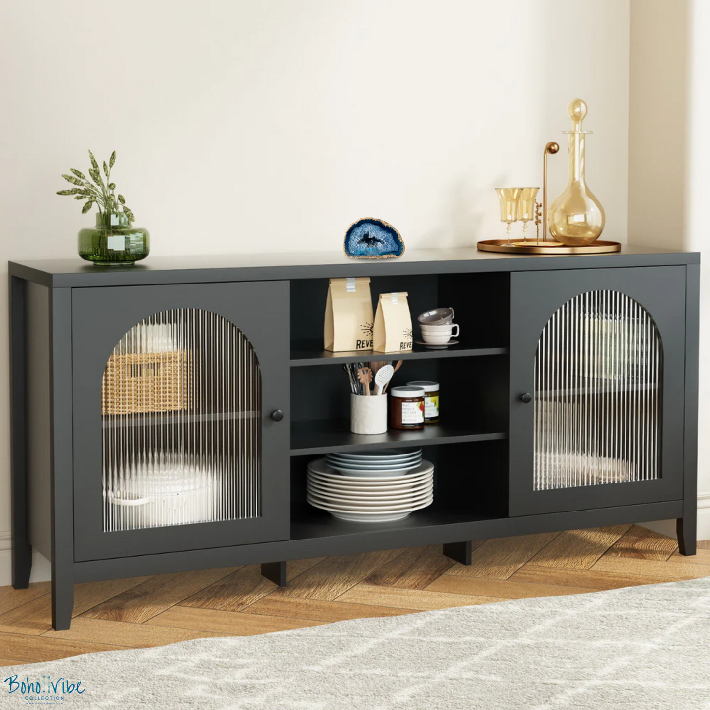 Boho ↡↟ Vibe Collection ↠ Black Wide Buffet Sideboard with Fluted Panel Doors ↡