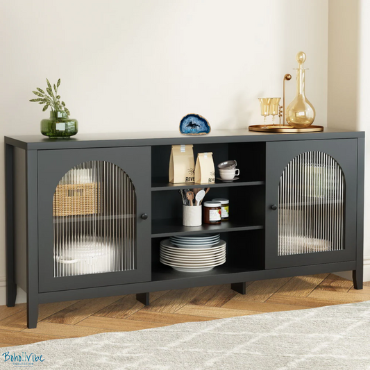 Boho ↡↟ Vibe Collection ↠ Black Wide Buffet Sideboard with Fluted Panel Doors ↡