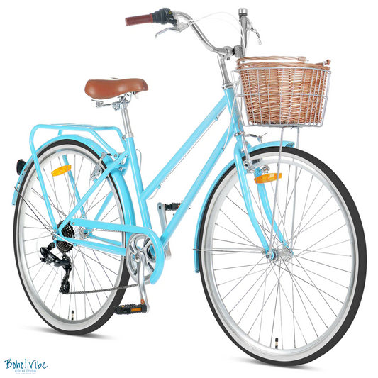 Boho ↡↟ Vibe Collection ↠  Vintage Cruiser Progear Pomona Coastal Commuter Bike Blue Ladies Teen 17" with Basket 