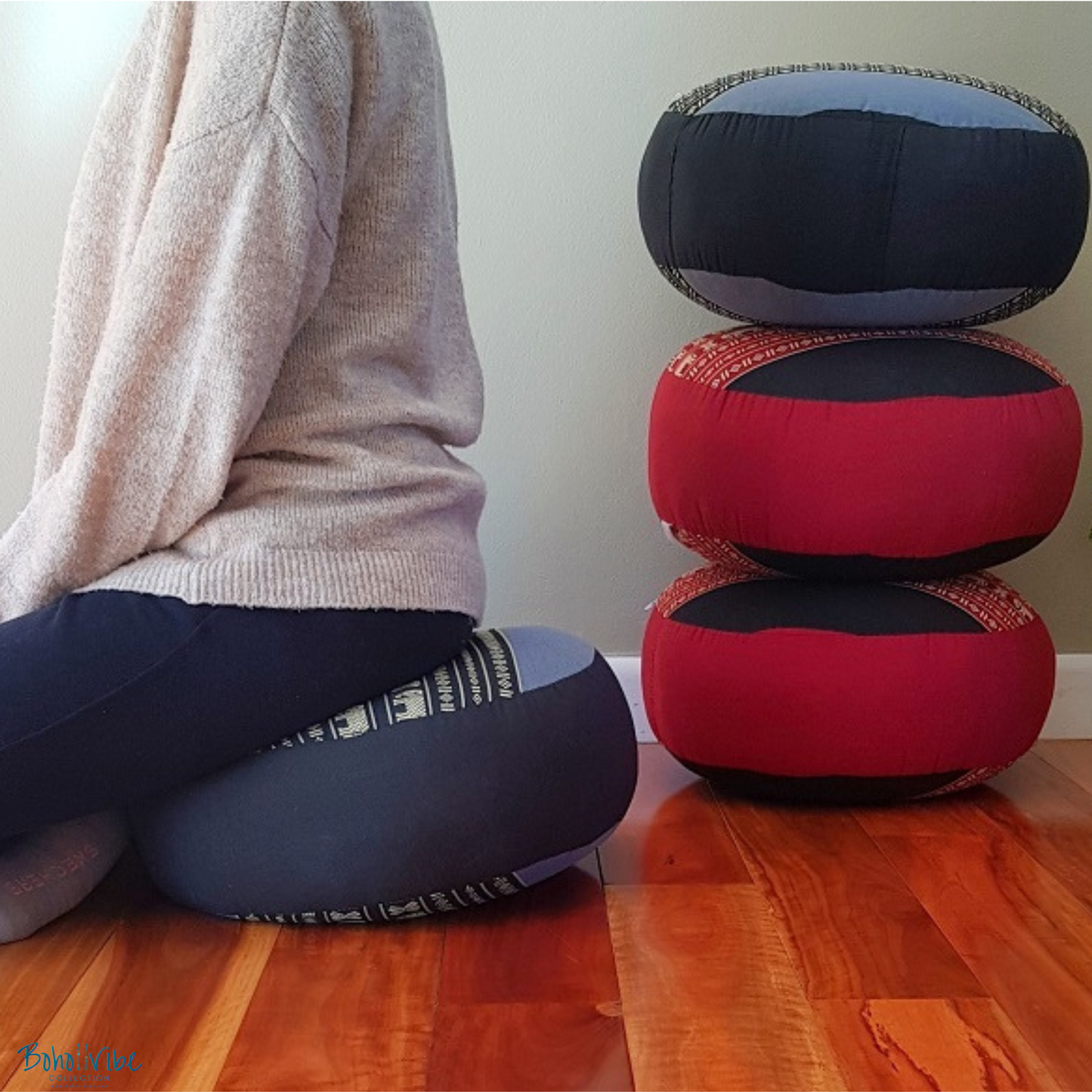 Boho ↡↟ Vibe Collection ↠ Meditation Yoga Round Blue Cushion Ottoman Pouf 