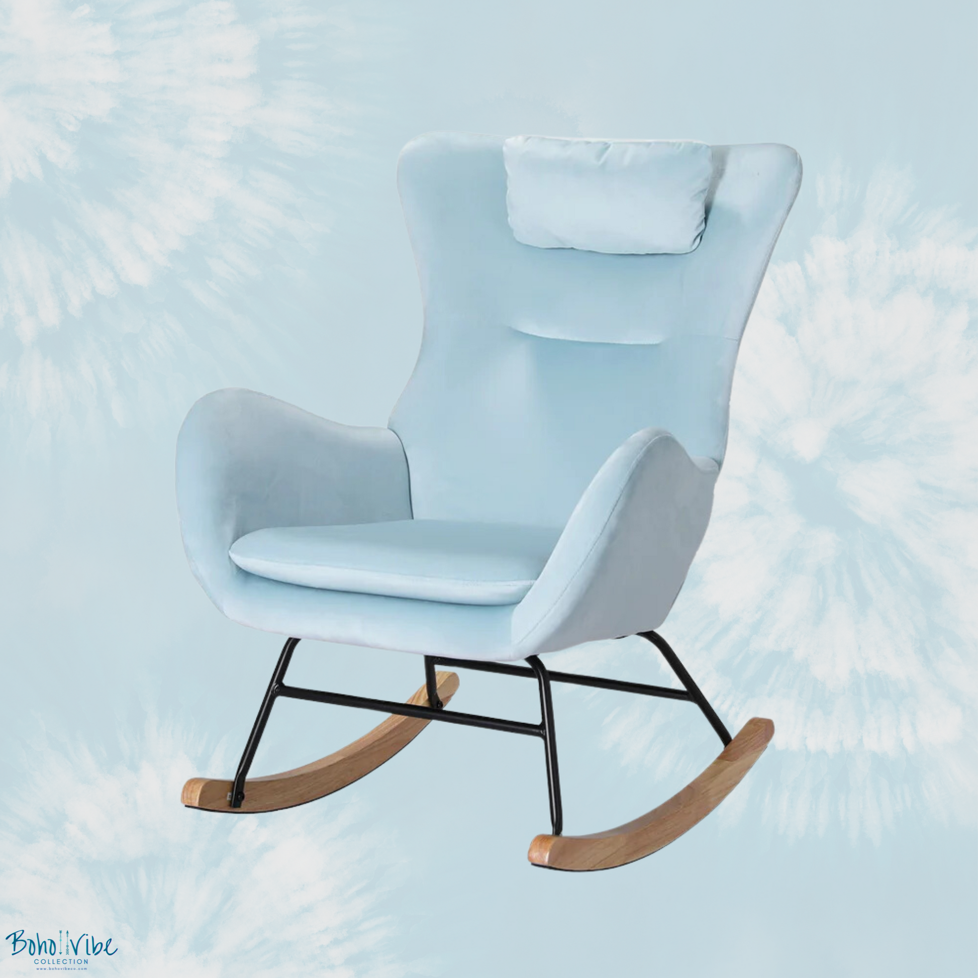 Boho ↡↟ Vibe Collection ↠ Pastel Blue Velvet Rocking Chair Armchair 