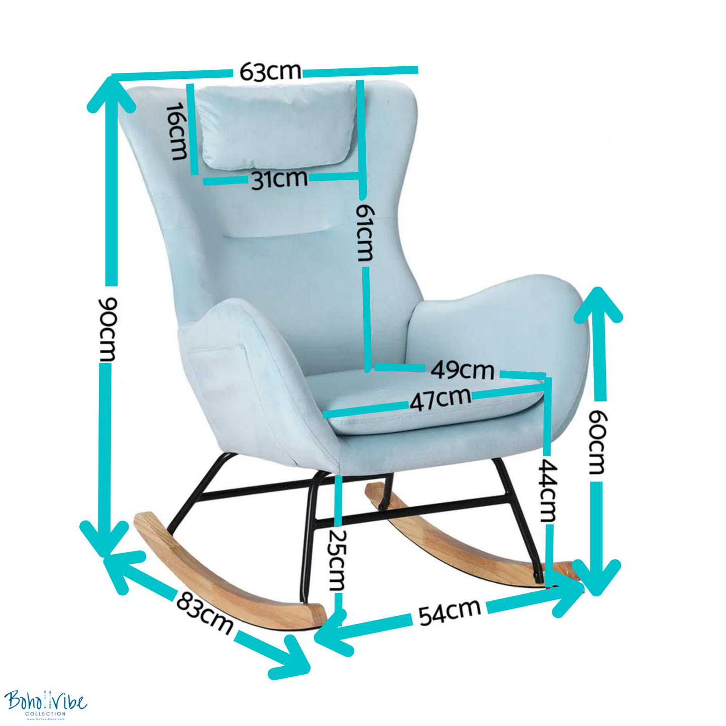 Boho ↡↟ Vibe Collection ↠ Pastel Blue Velvet Rocking Chair Armchair 