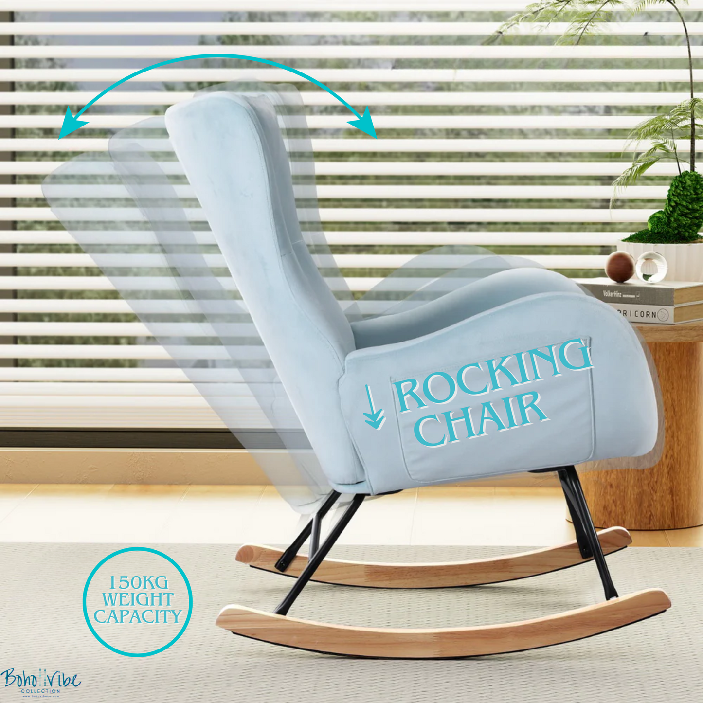 Boho ↡↟ Vibe Collection ↠ Pastel Blue Velvet Rocking Chair Armchair 