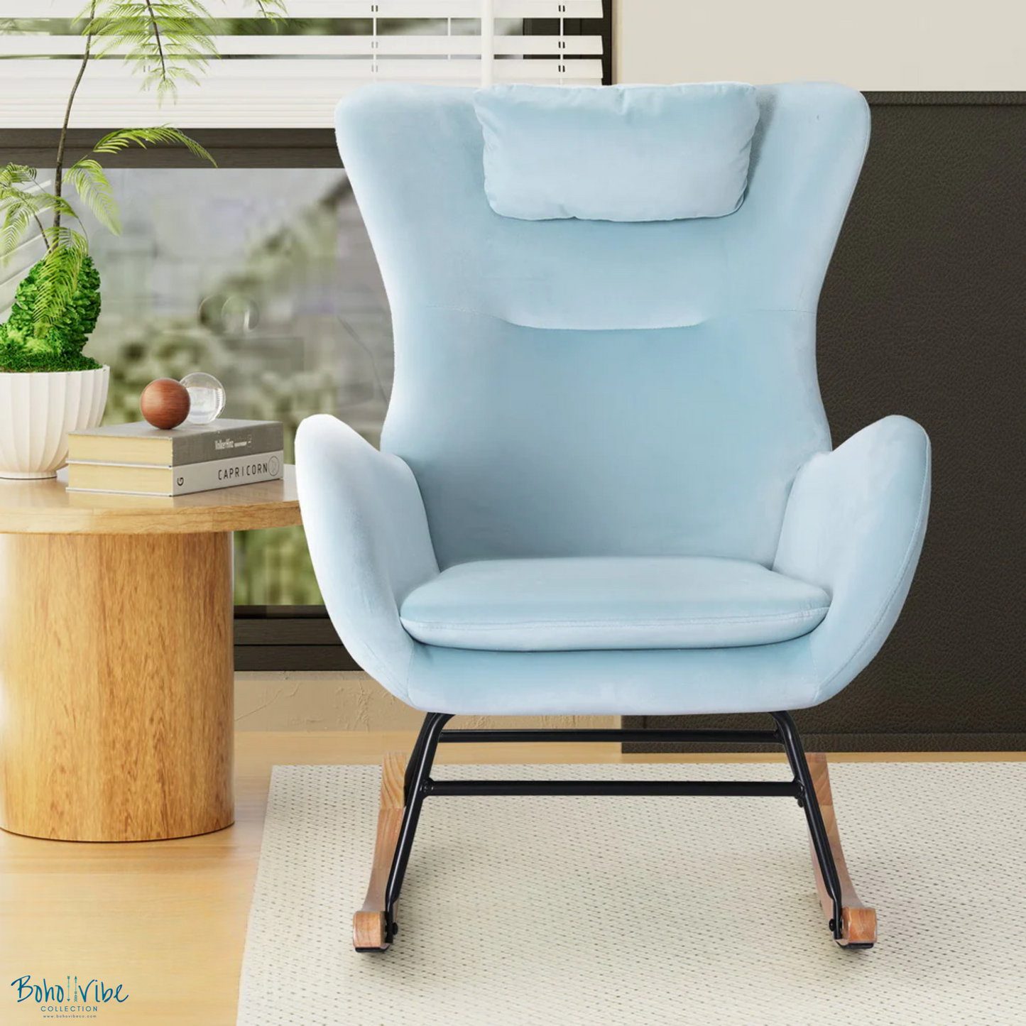 Boho ↡↟ Vibe Collection ↠ Pastel Blue Velvet Rocking Chair Armchair 