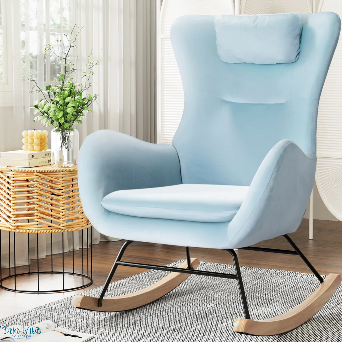 Boho ↡↟ Vibe Collection ↠ Pastel Blue Velvet Rocking Chair Armchair 