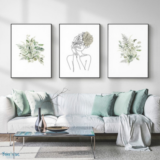 Boho ↡↟ Vibe Collection ↠ Botanical Girl Themed Nature Canvas Set of 3 Black Framed Wall Art 