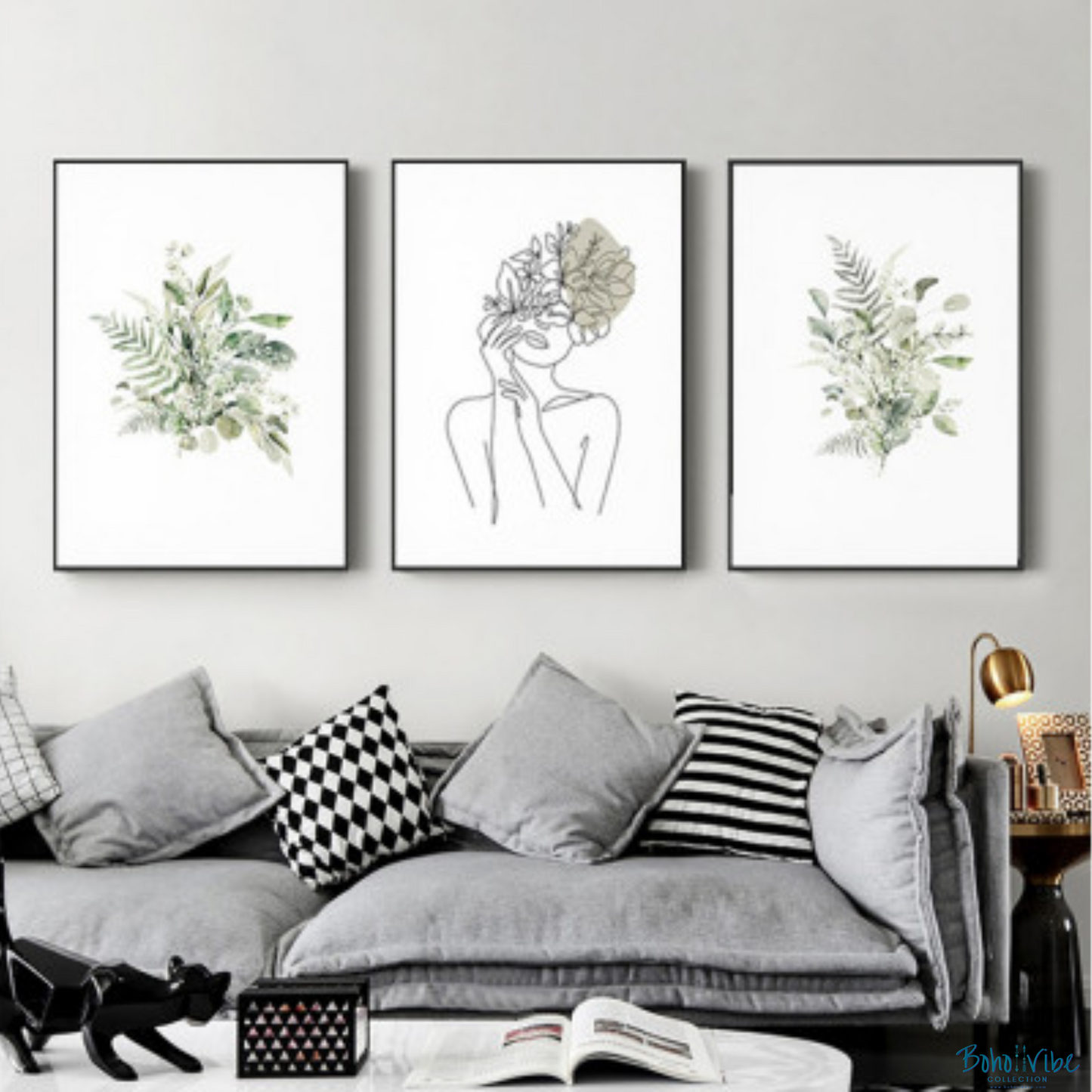 Boho ↡↟ Vibe Collection ↠ Botanical Girl Themed Nature Canvas Set of 3 Black Framed Wall Art 