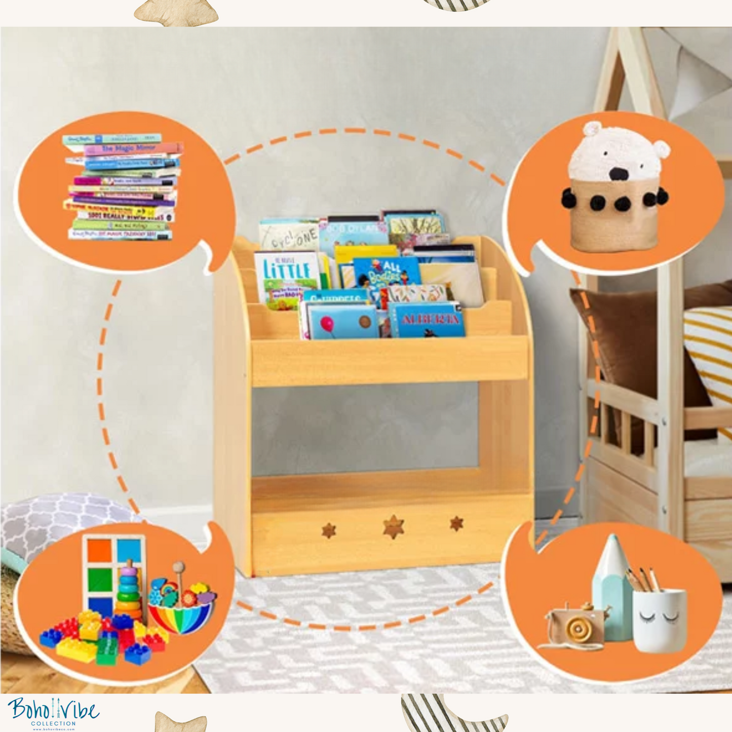 Kids Bookshelf Stars Cut Out Toy Storage Shelf Childrens Stars Bookcase Display Organiser Brown ↡