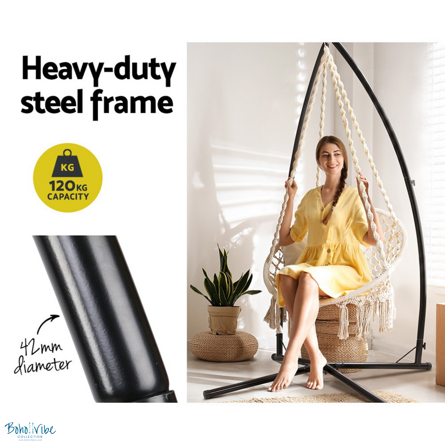 Cream Macramé Hammock Chair Swing with Steel Stand ↡