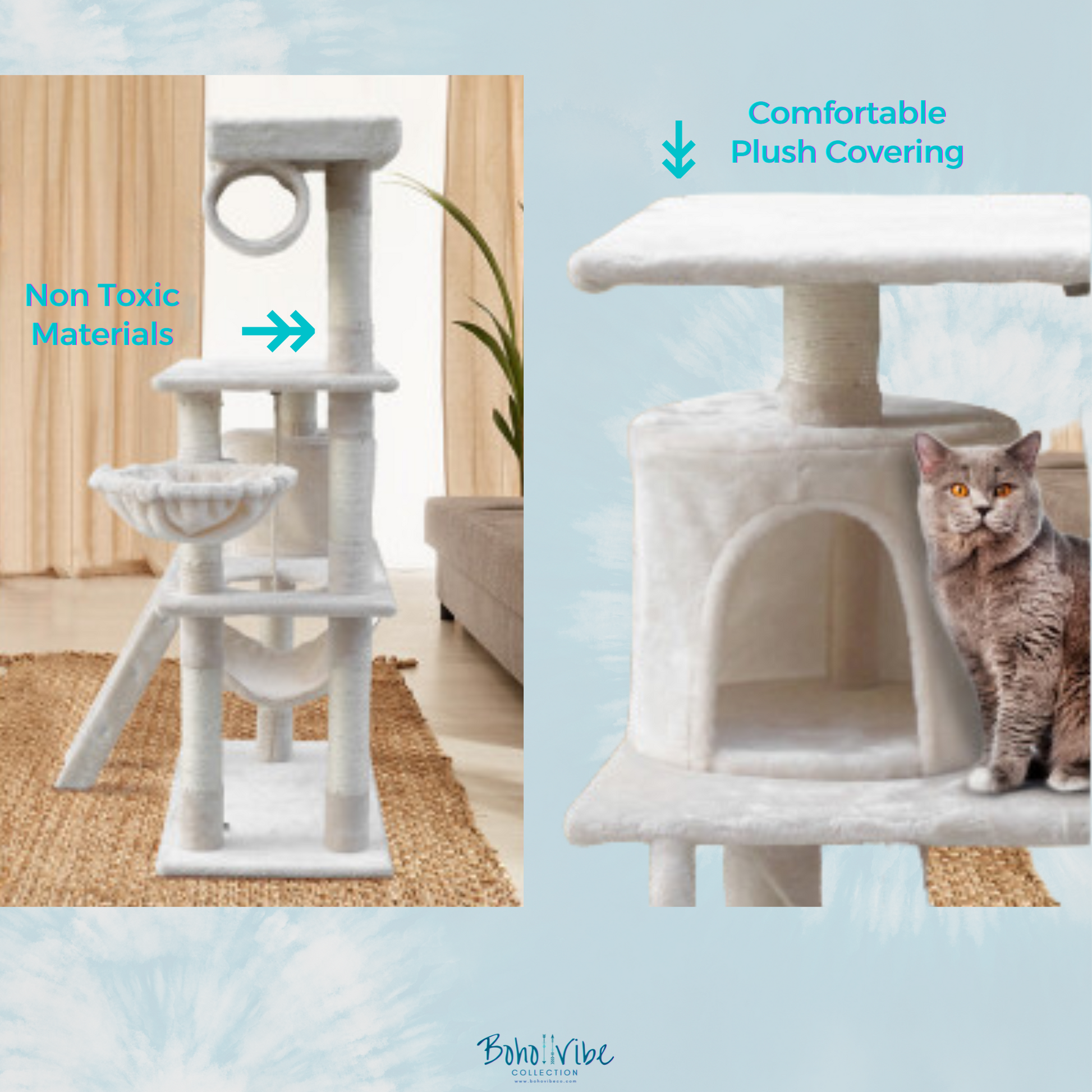 Boho ↡↟ Vibe Collection ↠ Cat Tower Tree House Cat Condo Beige 141cm iPet Cat Post Scratcher ↡