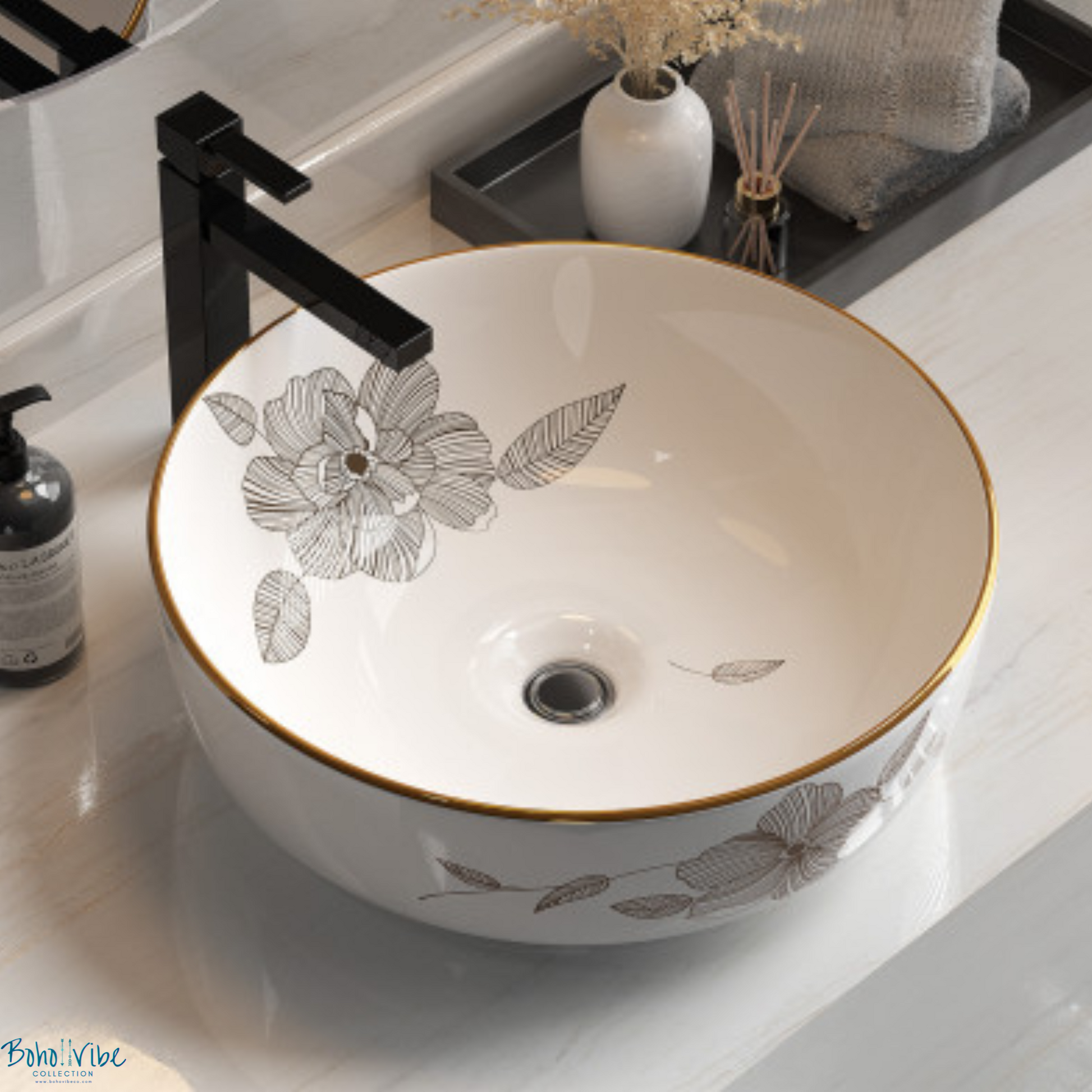 Boho ↡↟ Vibe Collection ↠ Flower Pattern Ceramic Cerfito Bathroom Sink Basin